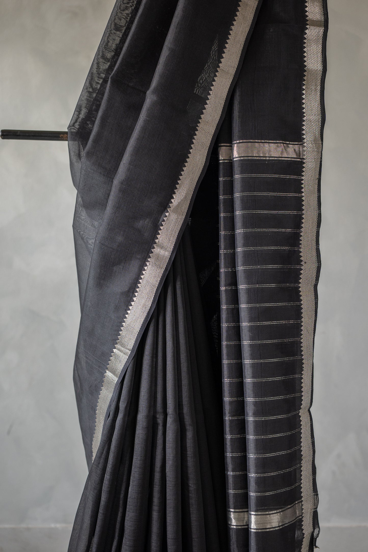 Black Plain Mangalagiri Cotton With Silver Border Saree