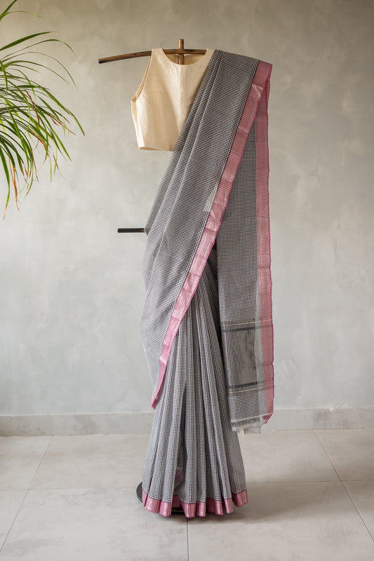 Black Micro Check Mangalagiri Cotton With Pink Border Saree