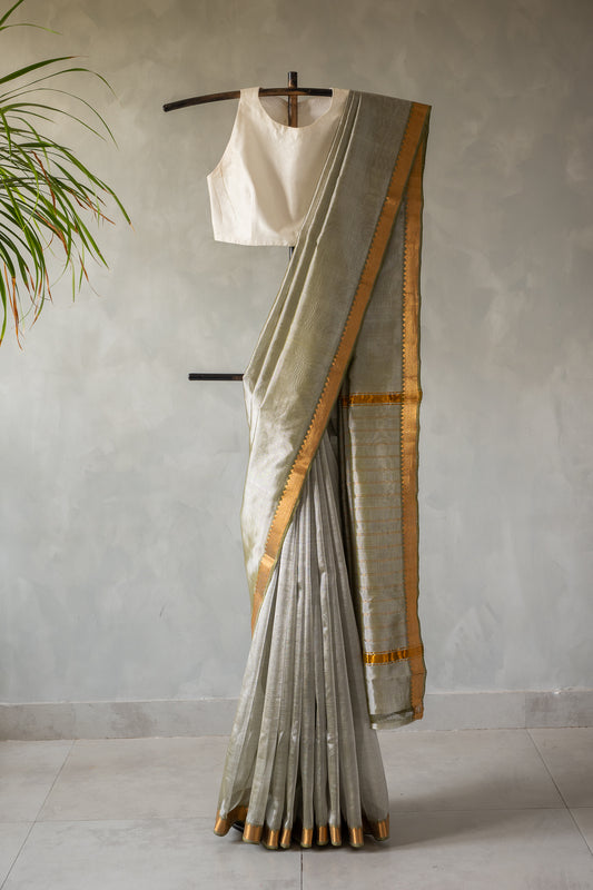 Grey Plain Mangalagiri Silk Cotton With Zari Border Saree
