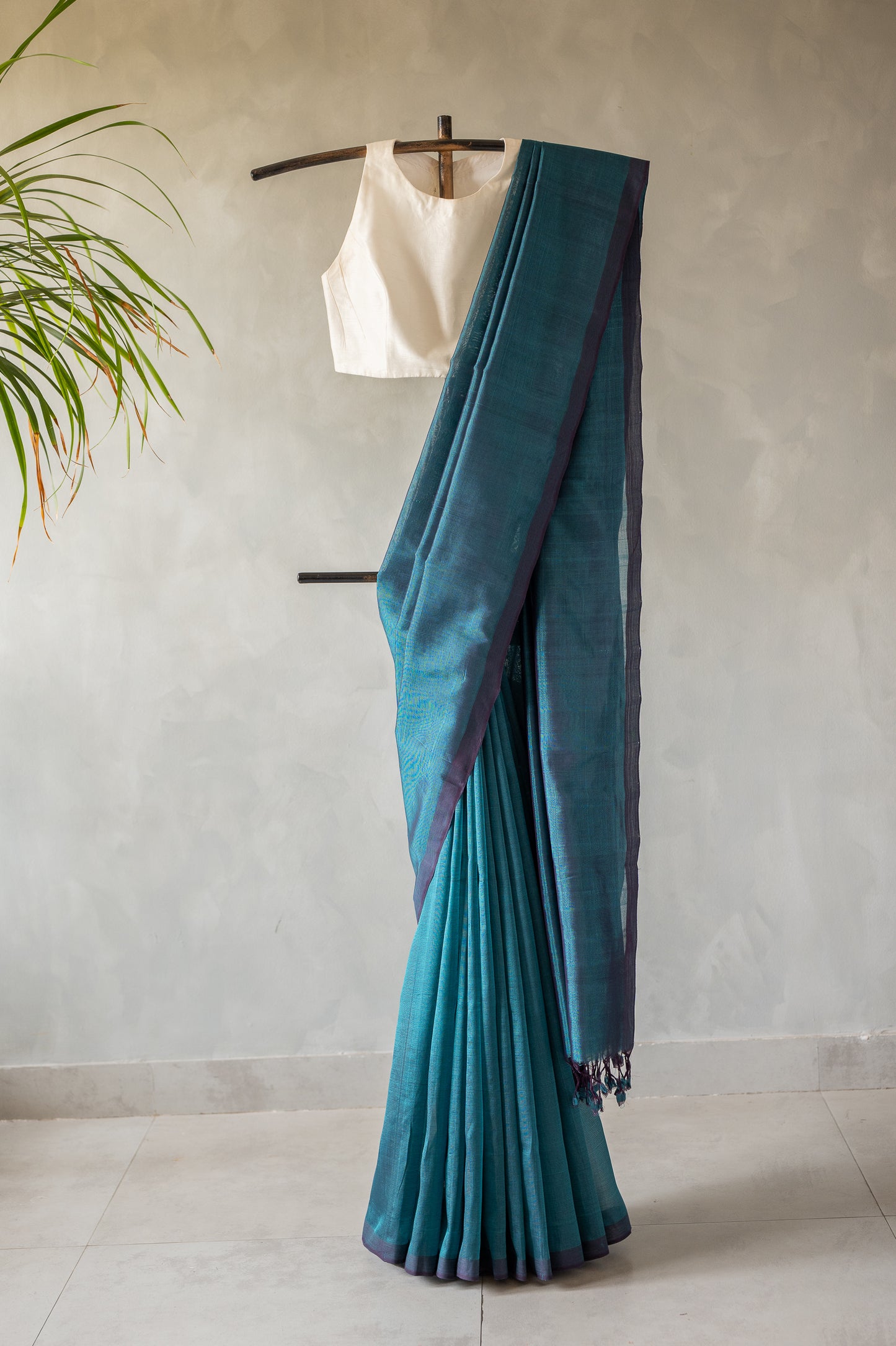 Teal Blue Plain Mangalagiri Silk Cotton With Purple Border Saree