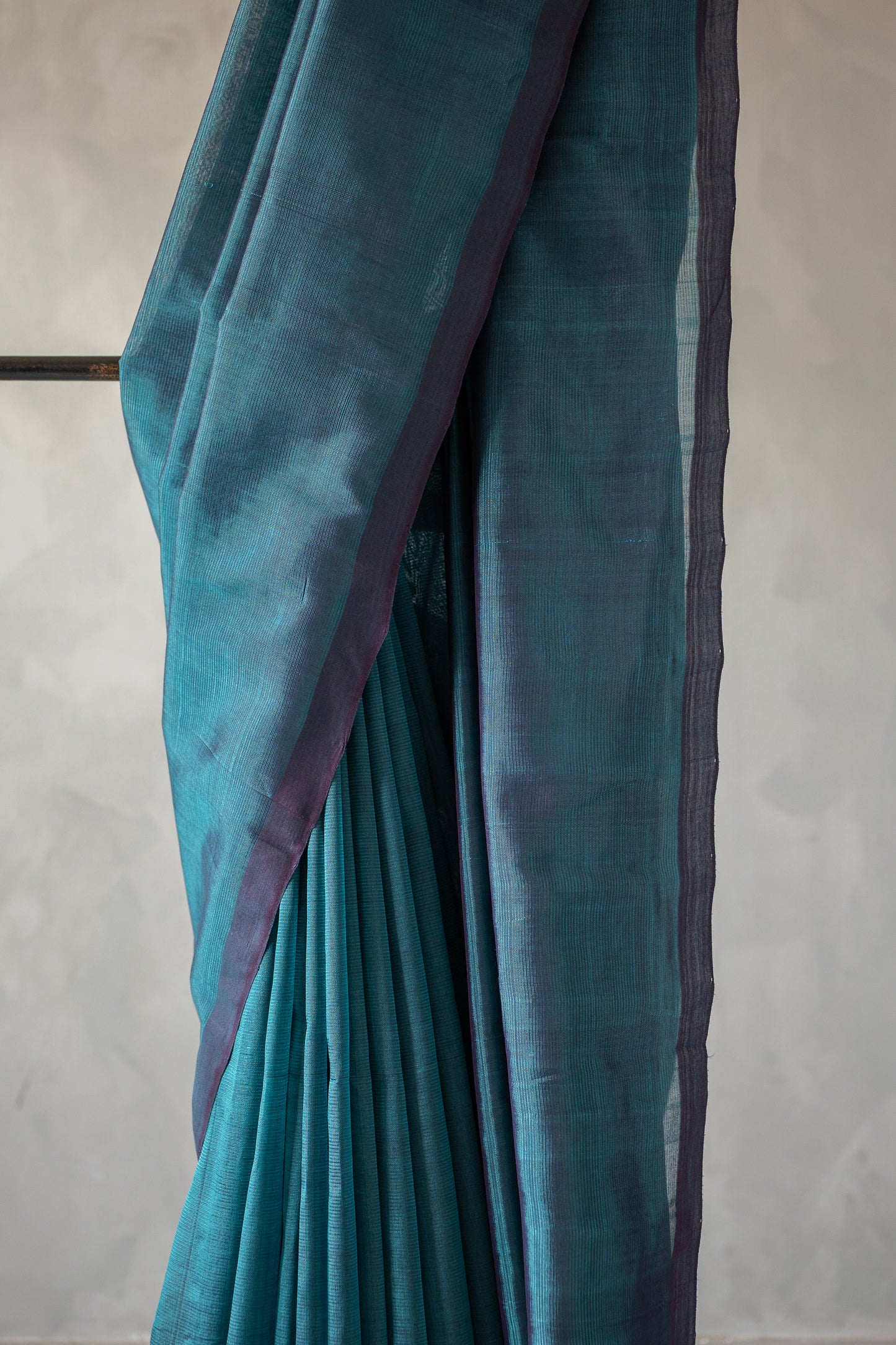 Teal Blue Plain Mangalagiri Silk Cotton With Purple Border Saree