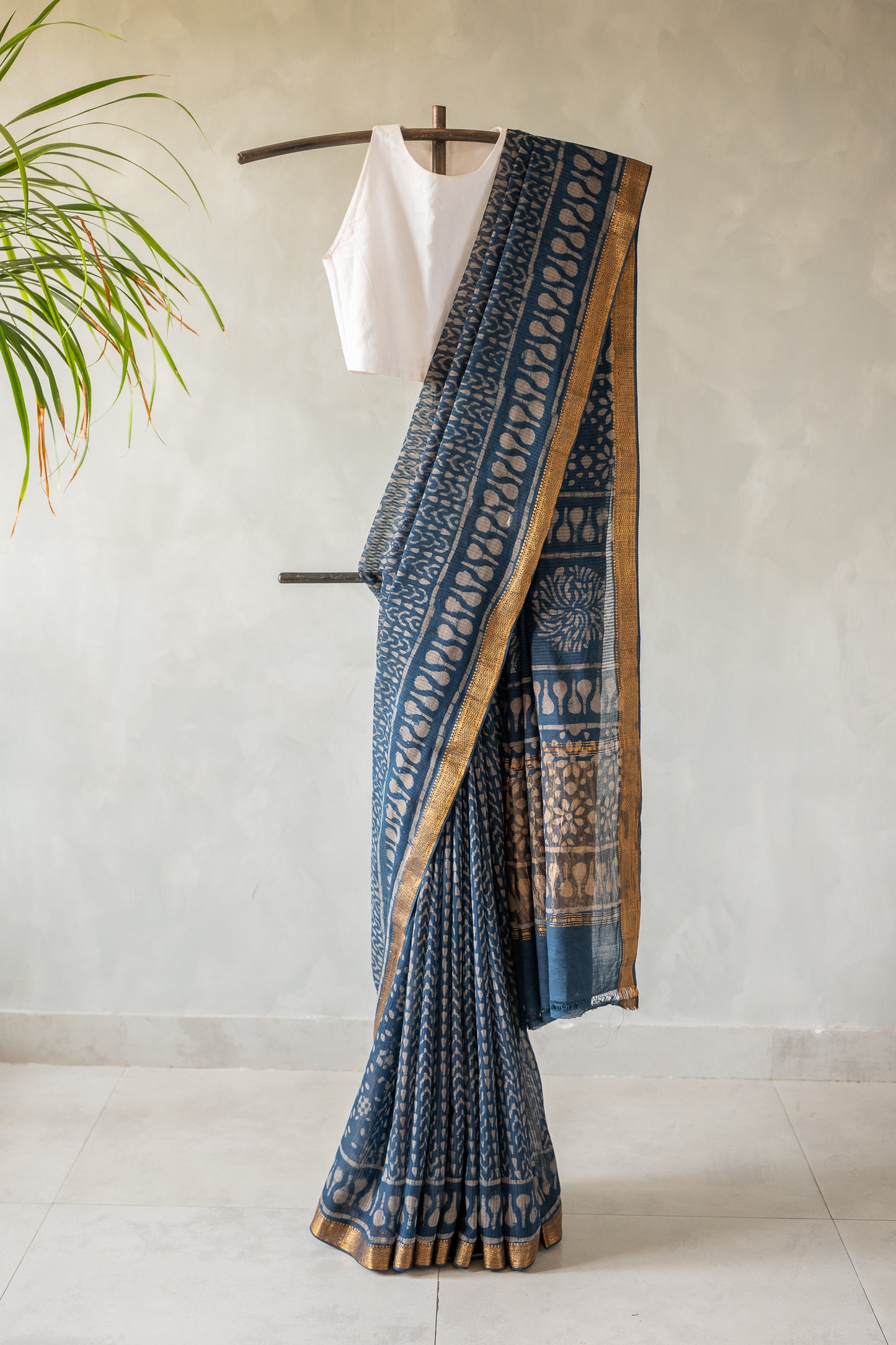 Indigo Dabu Print Silk Cotton With Zari Border Saree