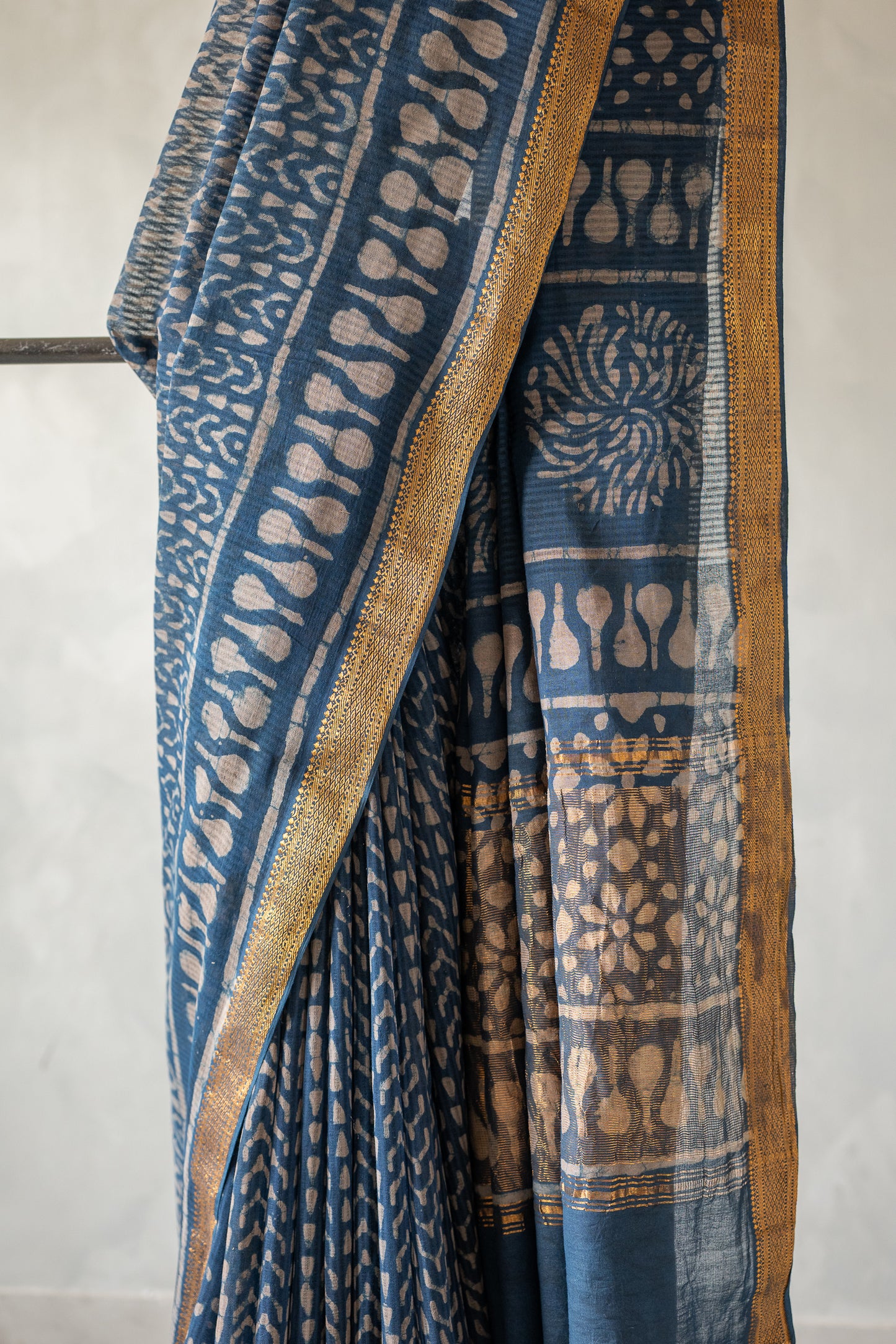 Indigo Dabu Print Silk Cotton With Zari Border Saree