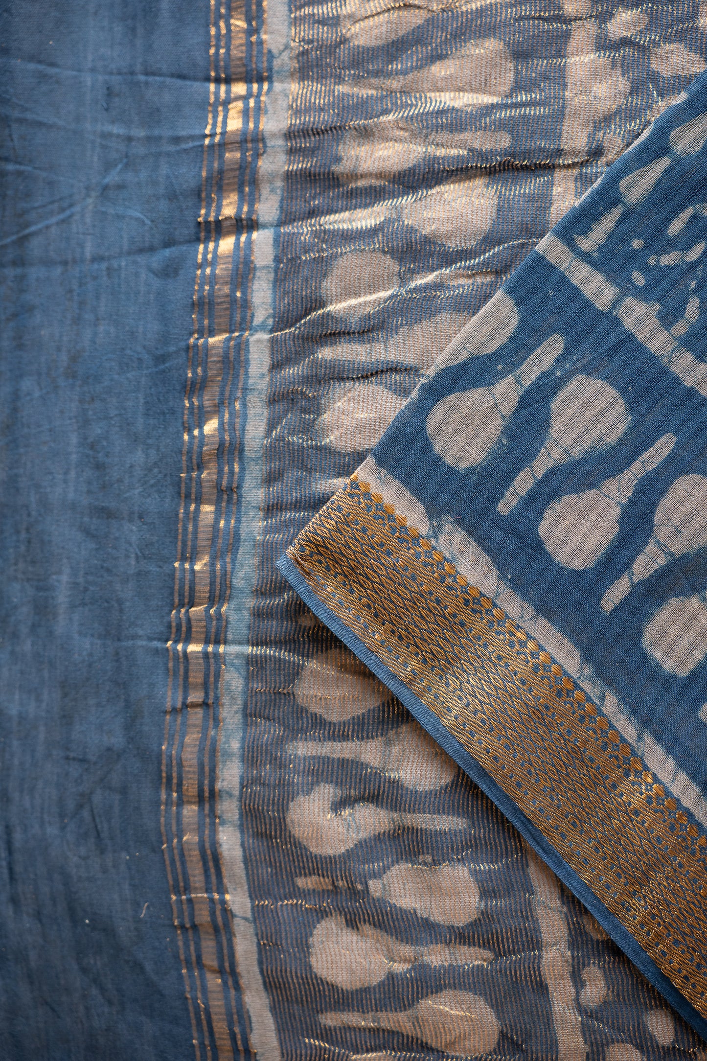 Indigo Dabu Print Silk Cotton With Zari Border Saree