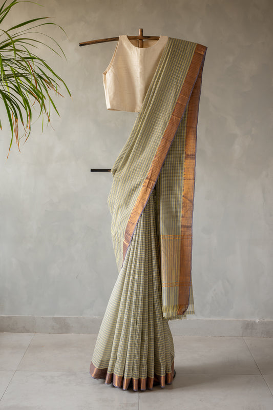 Olive Green Micro Check Mangalagiri Cotton With Zari Border Saree