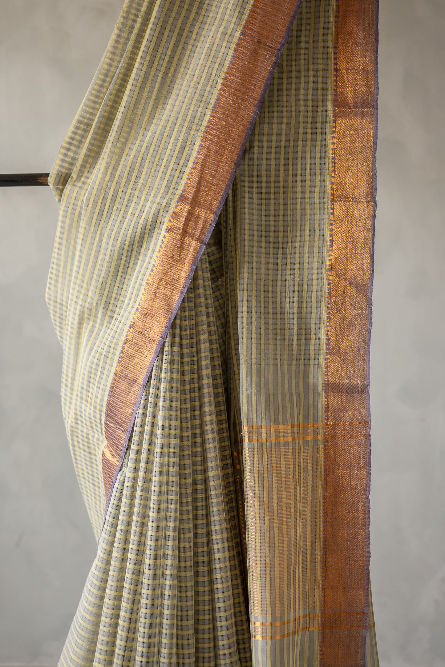 Olive Green Micro Check Mangalagiri Cotton With Zari Border Saree