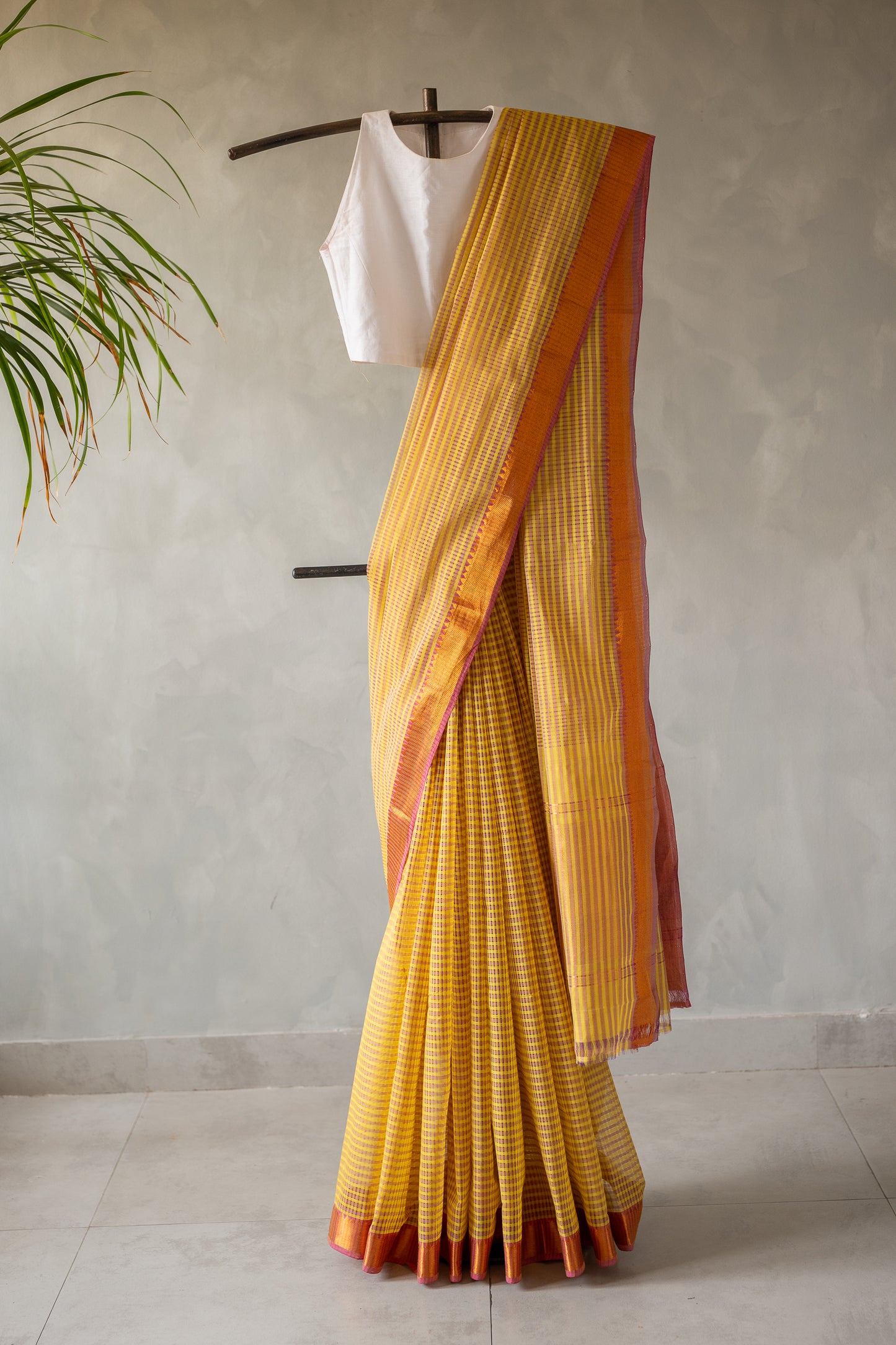 Yellow Micro Check Mangalagiri Cotton with Zari Border Saree