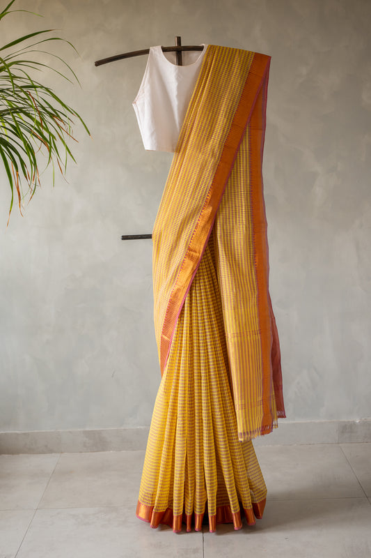 Yellow Micro Check Mangalagiri Cotton with Zari Border Saree