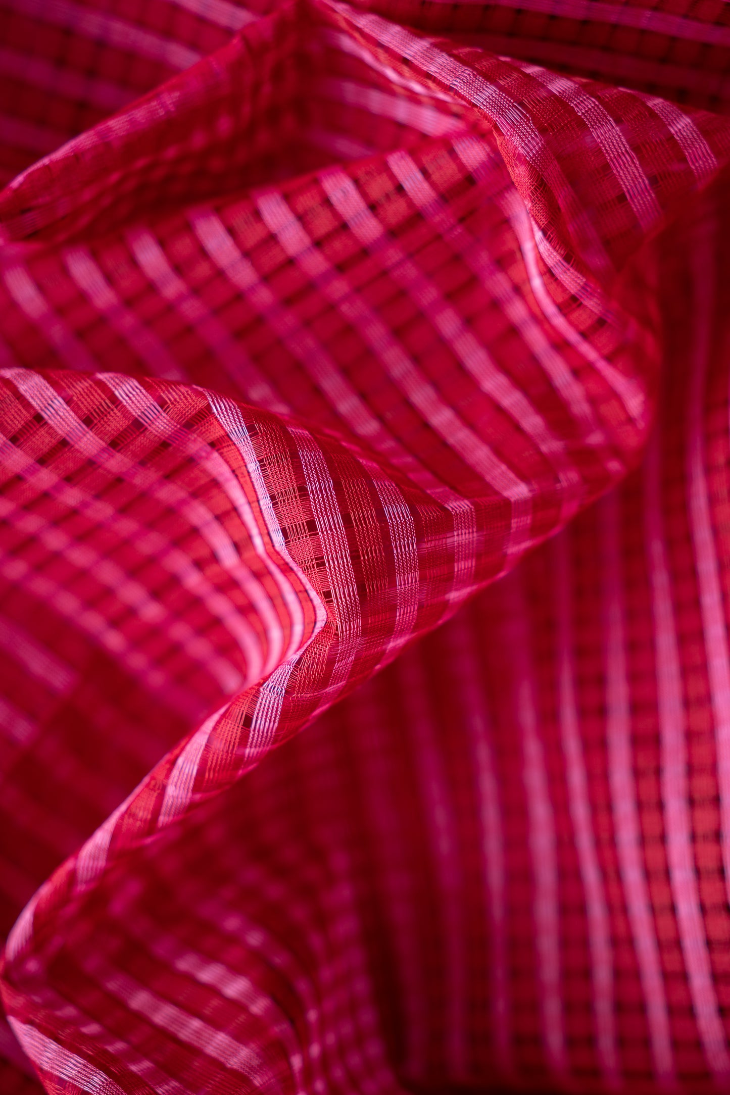 Pinkish Red Striped Checks Mangalagiri Cotton with Zari Border Saree