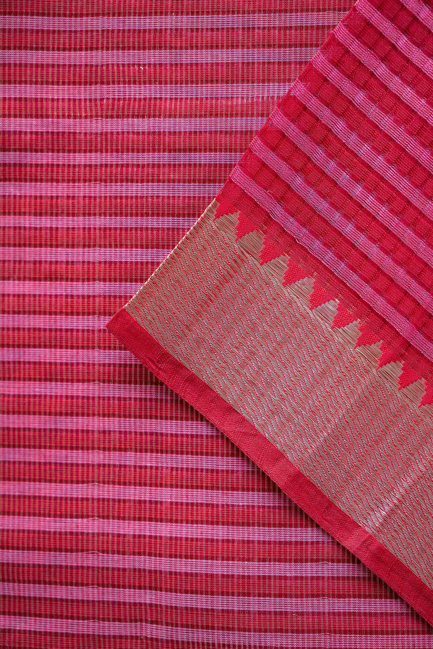 Pinkish Red Striped Checks Mangalagiri Cotton with Zari Border Saree