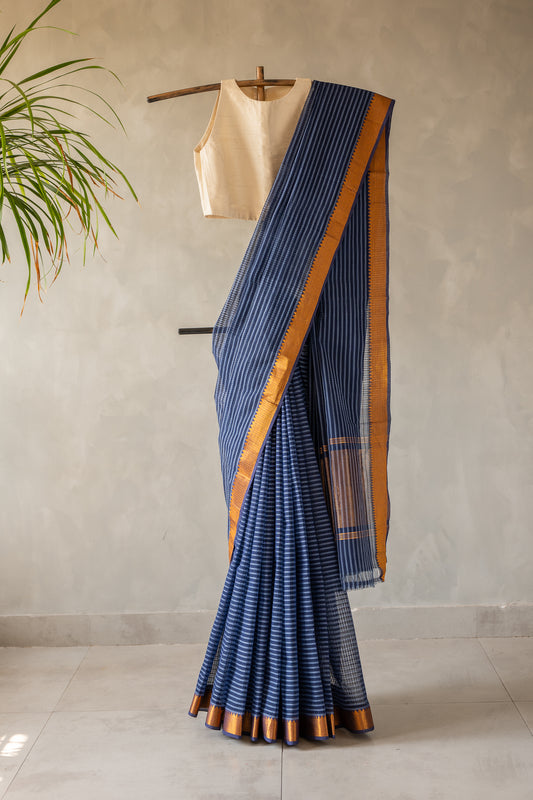 Navy Blue Stripe Mangalagiri Cotton with Zari Border Saree