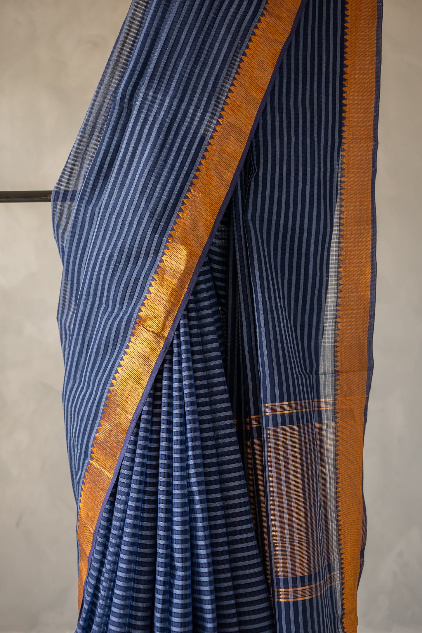 Navy Blue Stripe Mangalagiri Cotton with Zari Border Saree