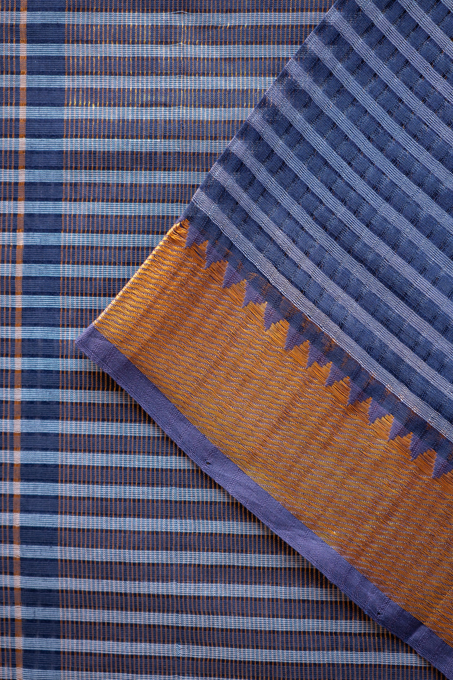 Navy Blue Stripe Mangalagiri Cotton with Zari Border Saree