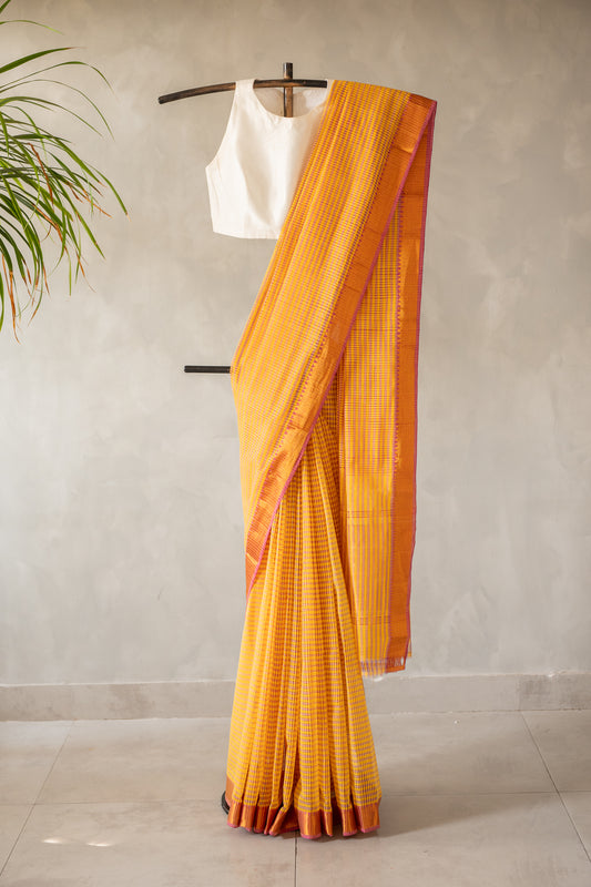 Yellow Micro Check Mangalagiri Cotton with Pink Border Saree