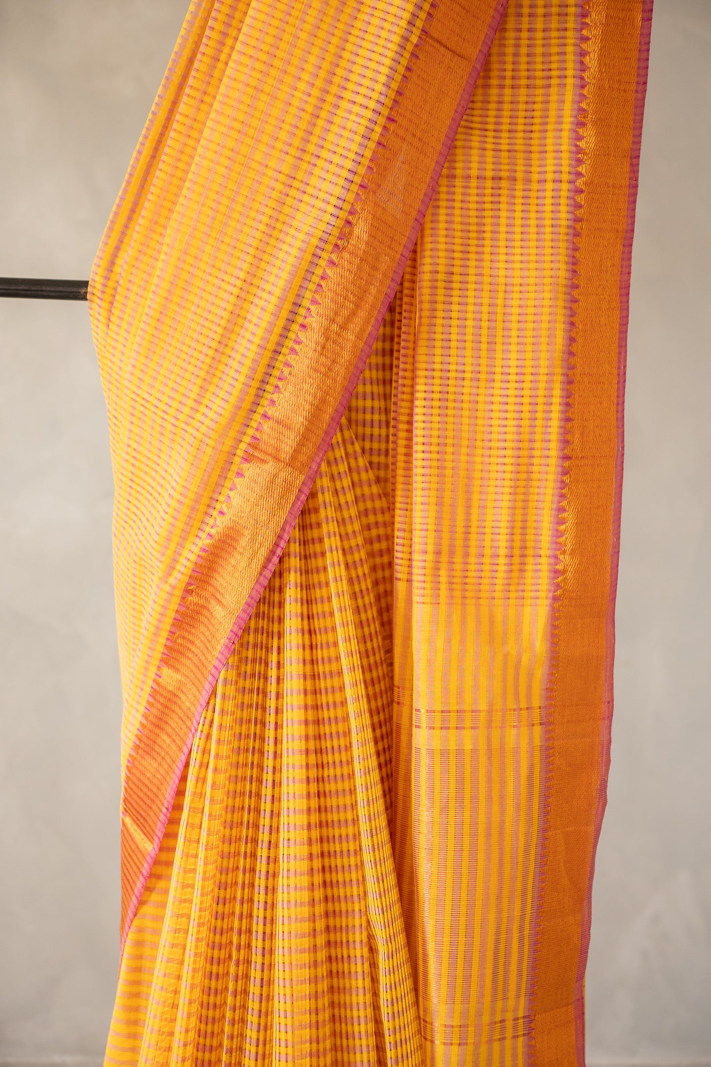 Yellow Micro Check Mangalagiri Cotton with Pink Border Saree