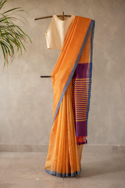 Orange Stripe Checked Mangalagiri Cotton with Blue Border Saree