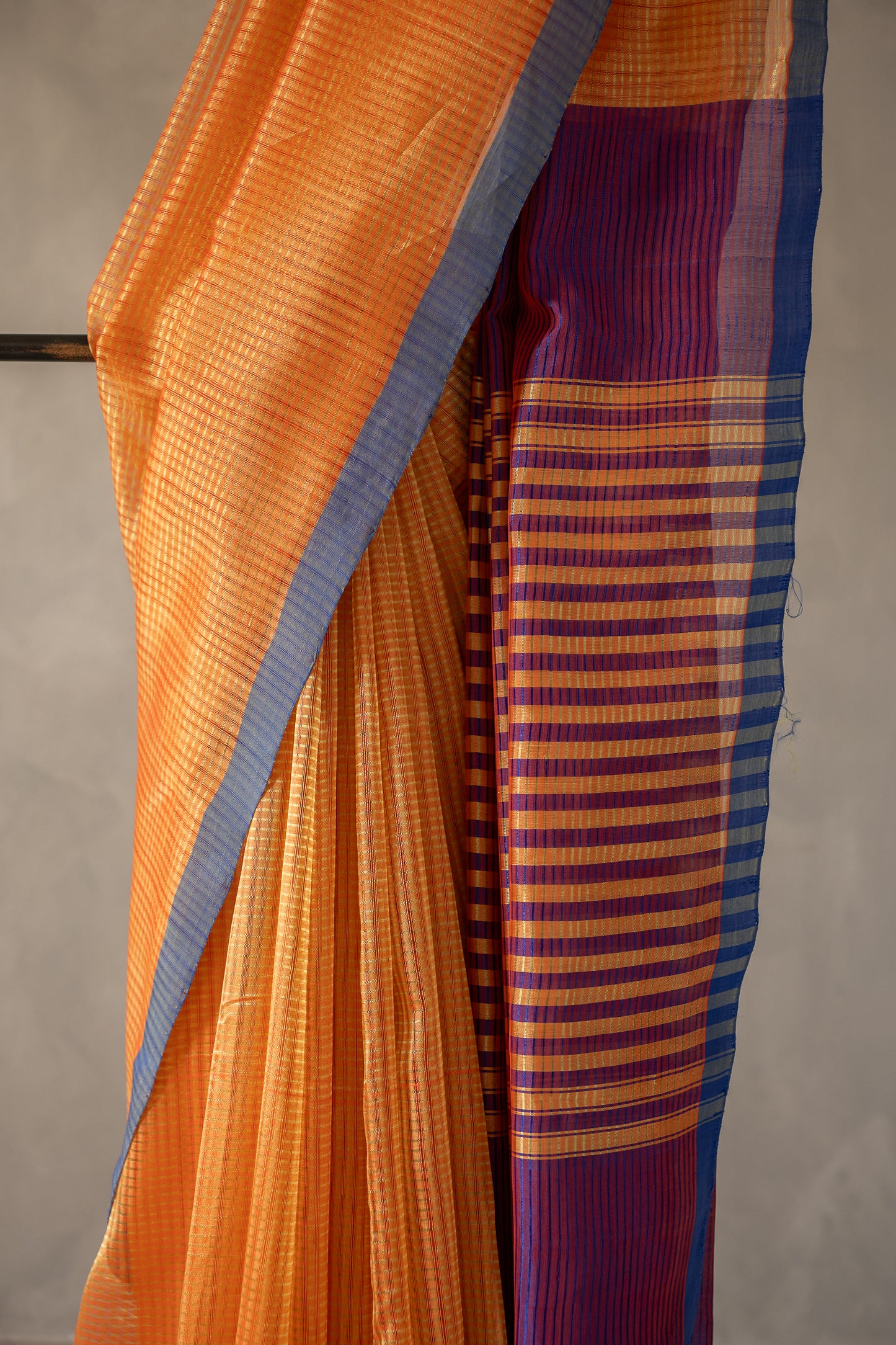Orange Stripe Checked Mangalagiri Cotton with Blue Border Saree