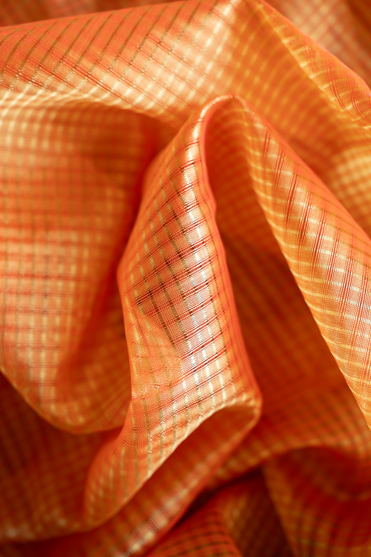 Orange Stripe Checked Mangalagiri Cotton with Blue Border Saree