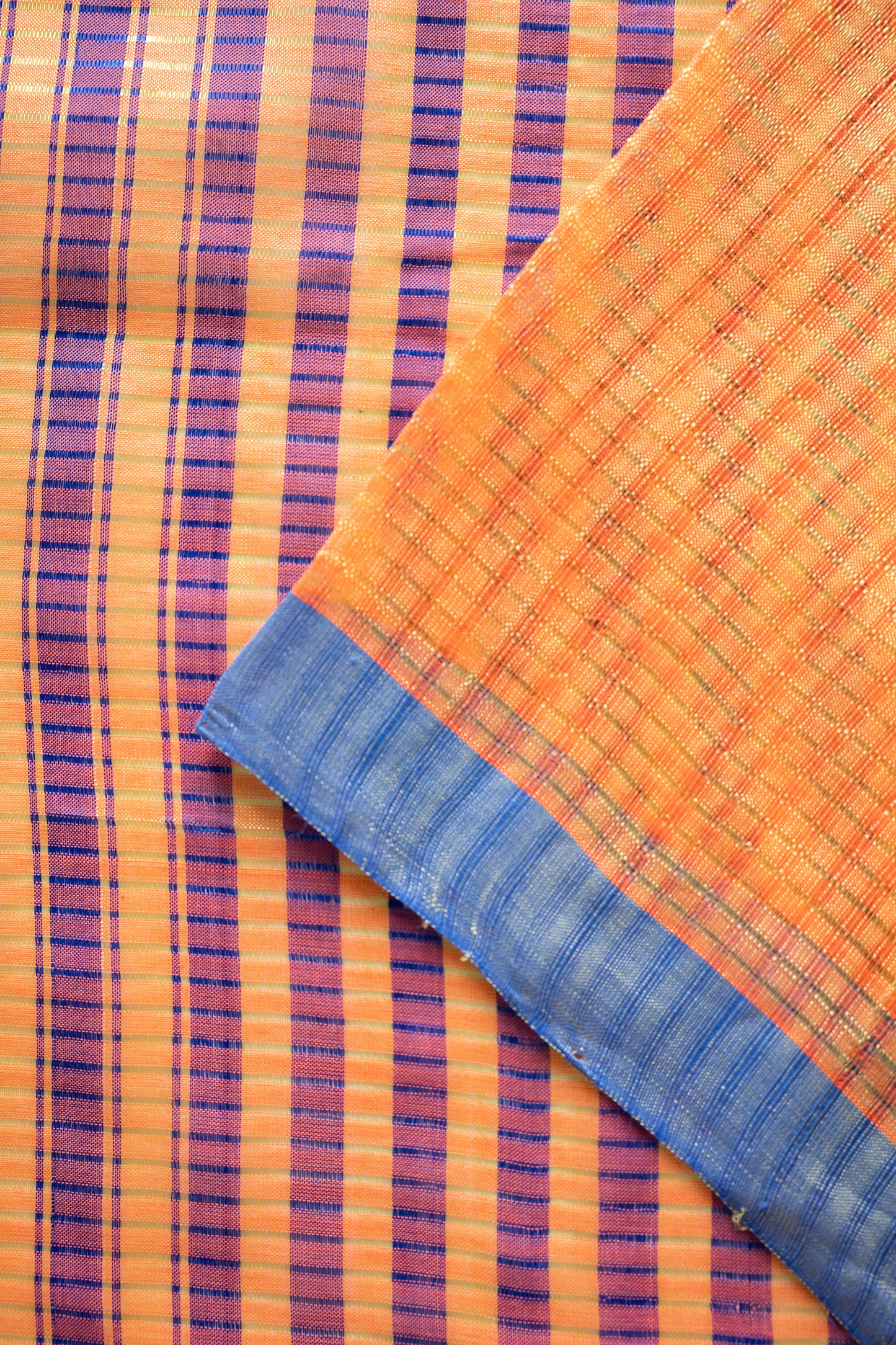 Orange Stripe Checked Mangalagiri Cotton with Blue Border Saree