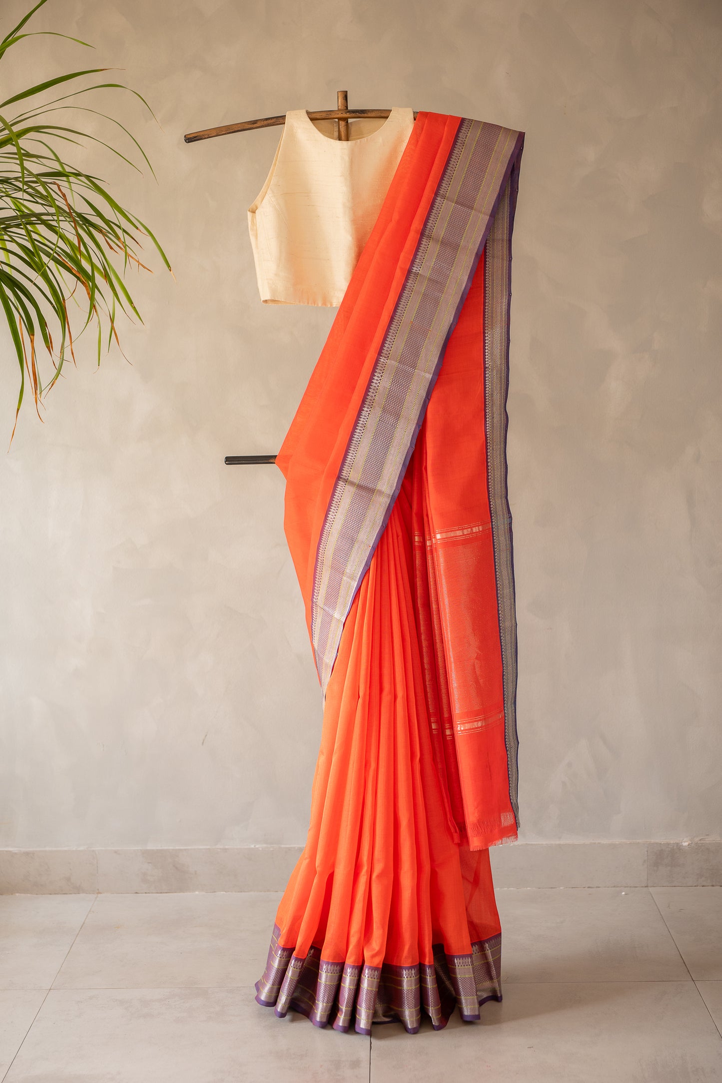Coral Orange Plain Mangalagiri Silk Cotton with Silver Zari Border Saree