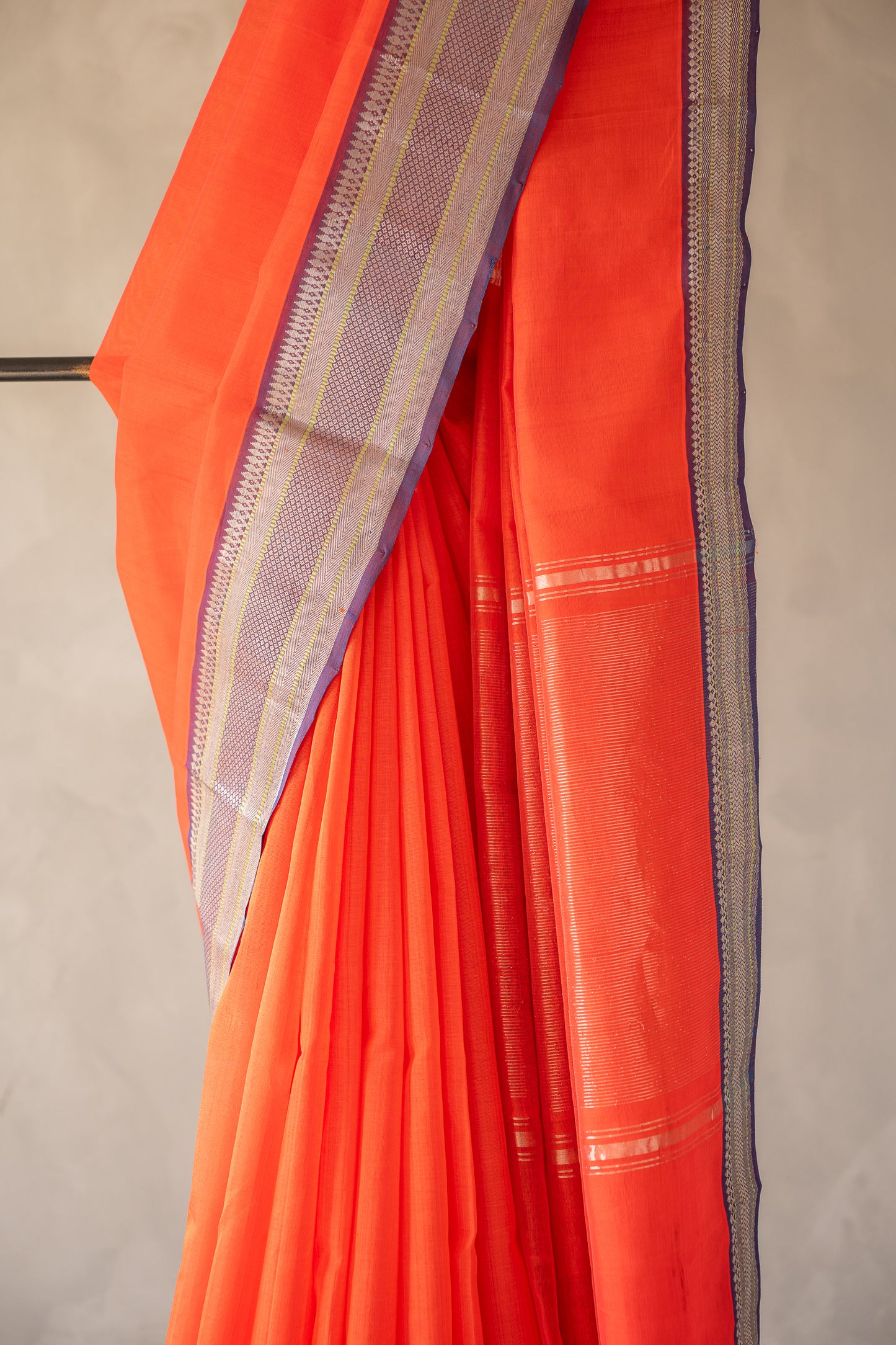 Coral Orange Plain Mangalagiri Silk Cotton with Silver Zari Border Saree