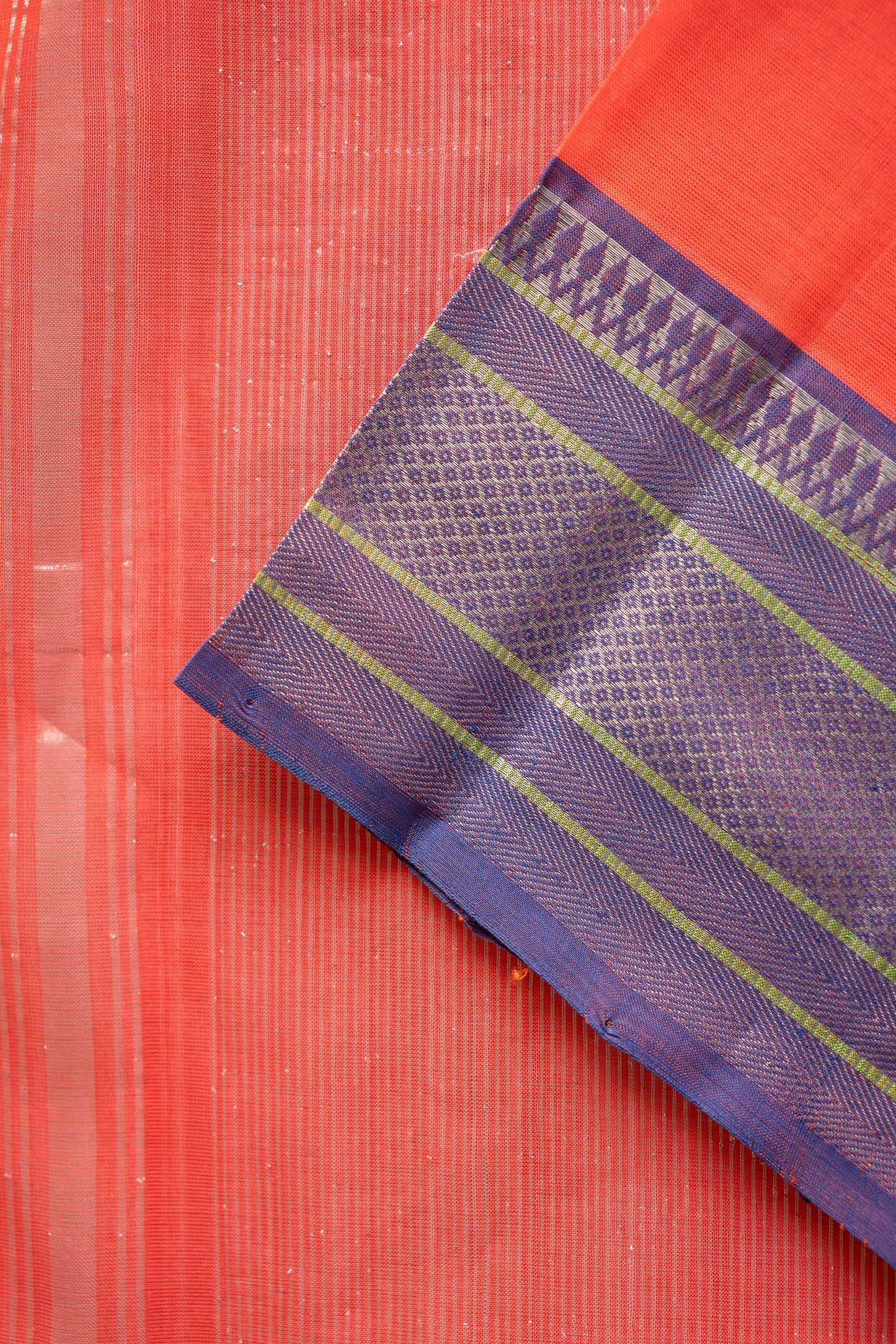 Coral Orange Plain Mangalagiri Silk Cotton with Silver Zari Border Saree