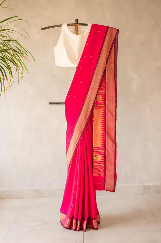 Hot Pink Plain Mangalagiri Silk Cotton with Geometric Zari Pallu Saree
