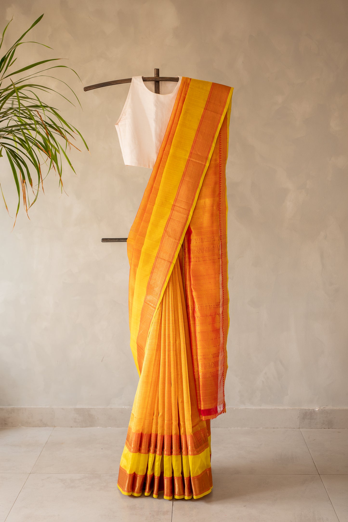 Yellow and Orange Plain Mangalagiri Silk Cotton with Zari Border Saree