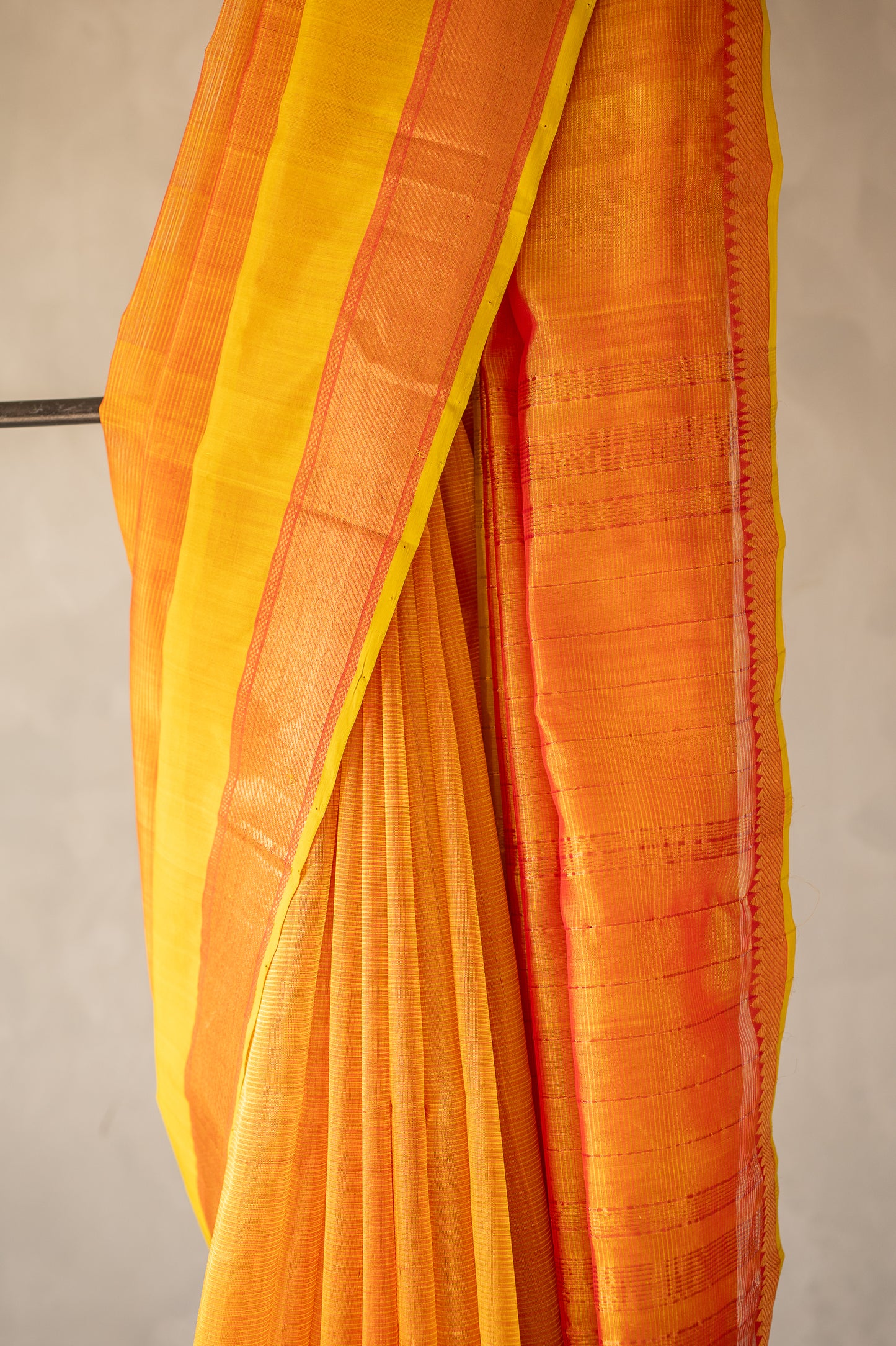 Yellow and Orange Plain Mangalagiri Silk Cotton with Zari Border Saree