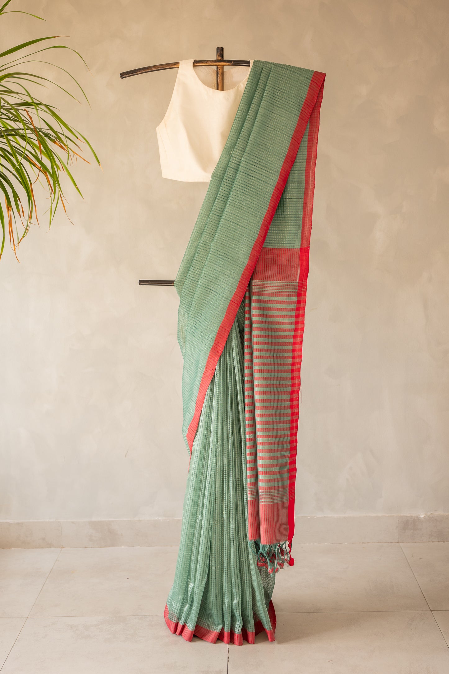 Mint Green Micro Check Mangalagiri Cotton with Red Border Saree