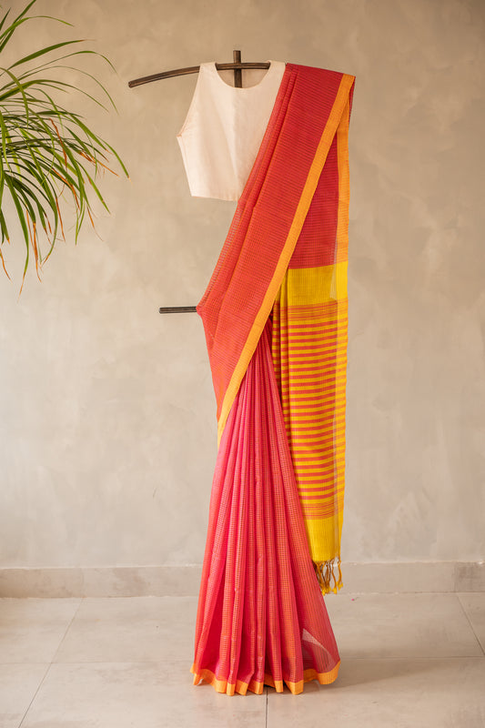 Coral Pink Micro Check Mangalagiri Cotton with Yellow Border Saree