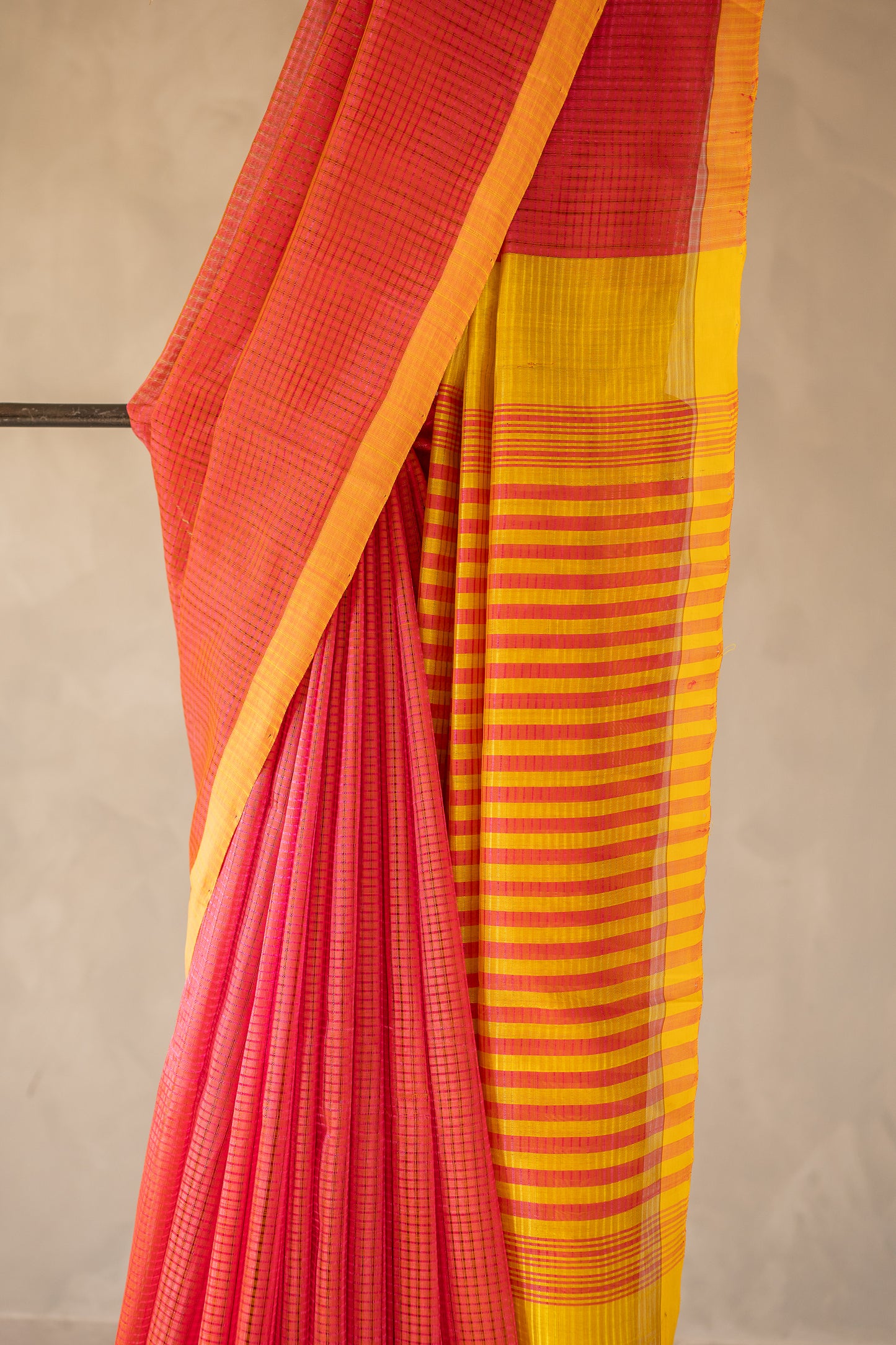 Coral Pink Micro Check Mangalagiri Cotton with Yellow Border Saree