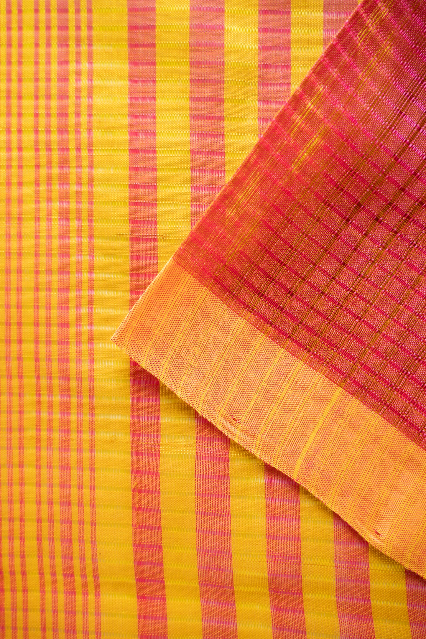 Coral Pink Micro Check Mangalagiri Cotton with Yellow Border Saree