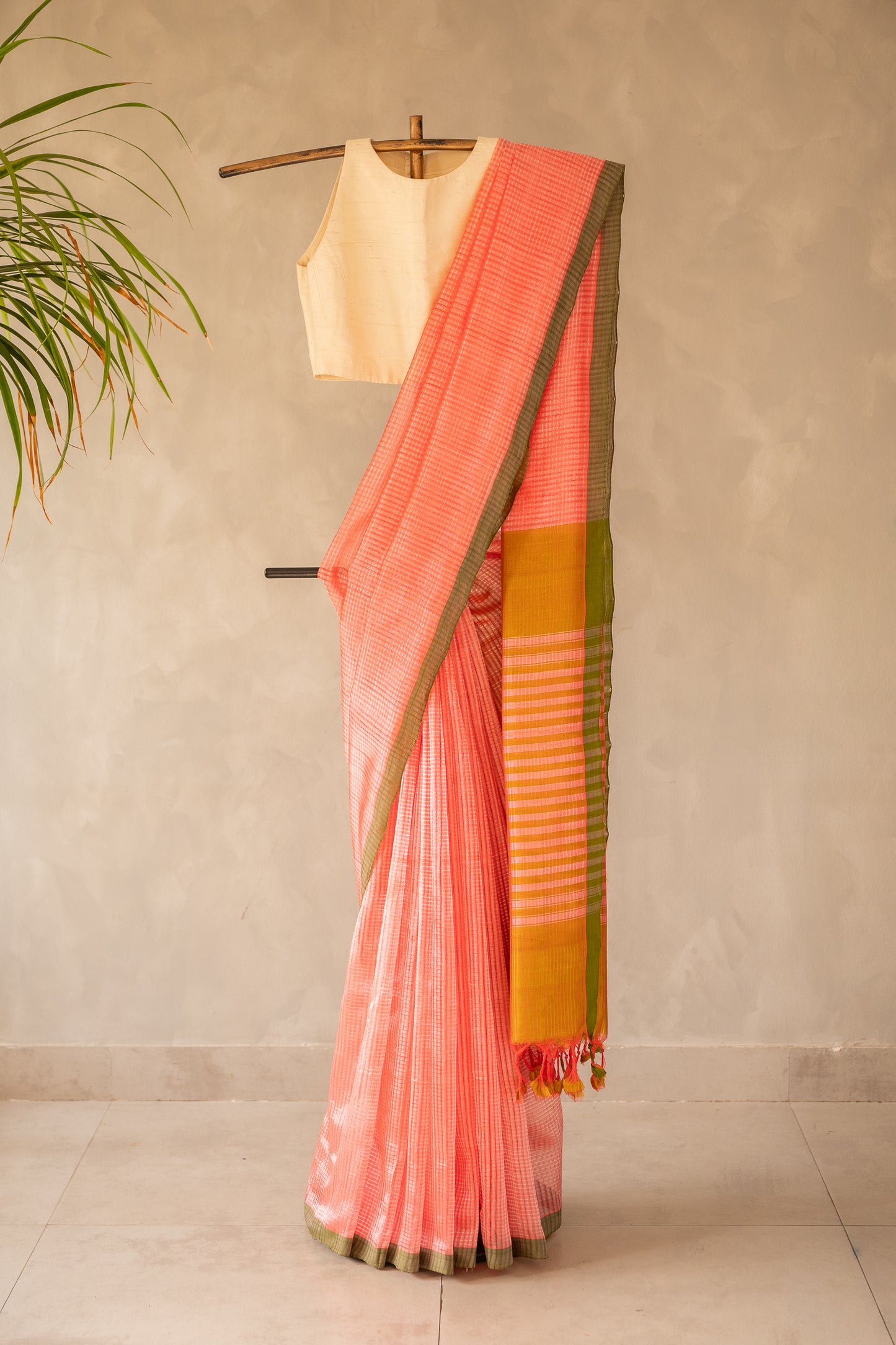 Peach Pink Micro Check Mangalagiri Cotton with Olive Green Border Saree