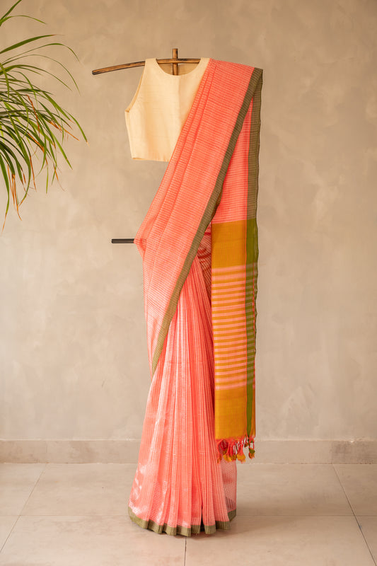 Peach Pink Micro Check Mangalagiri Cotton with Olive Green Border Saree