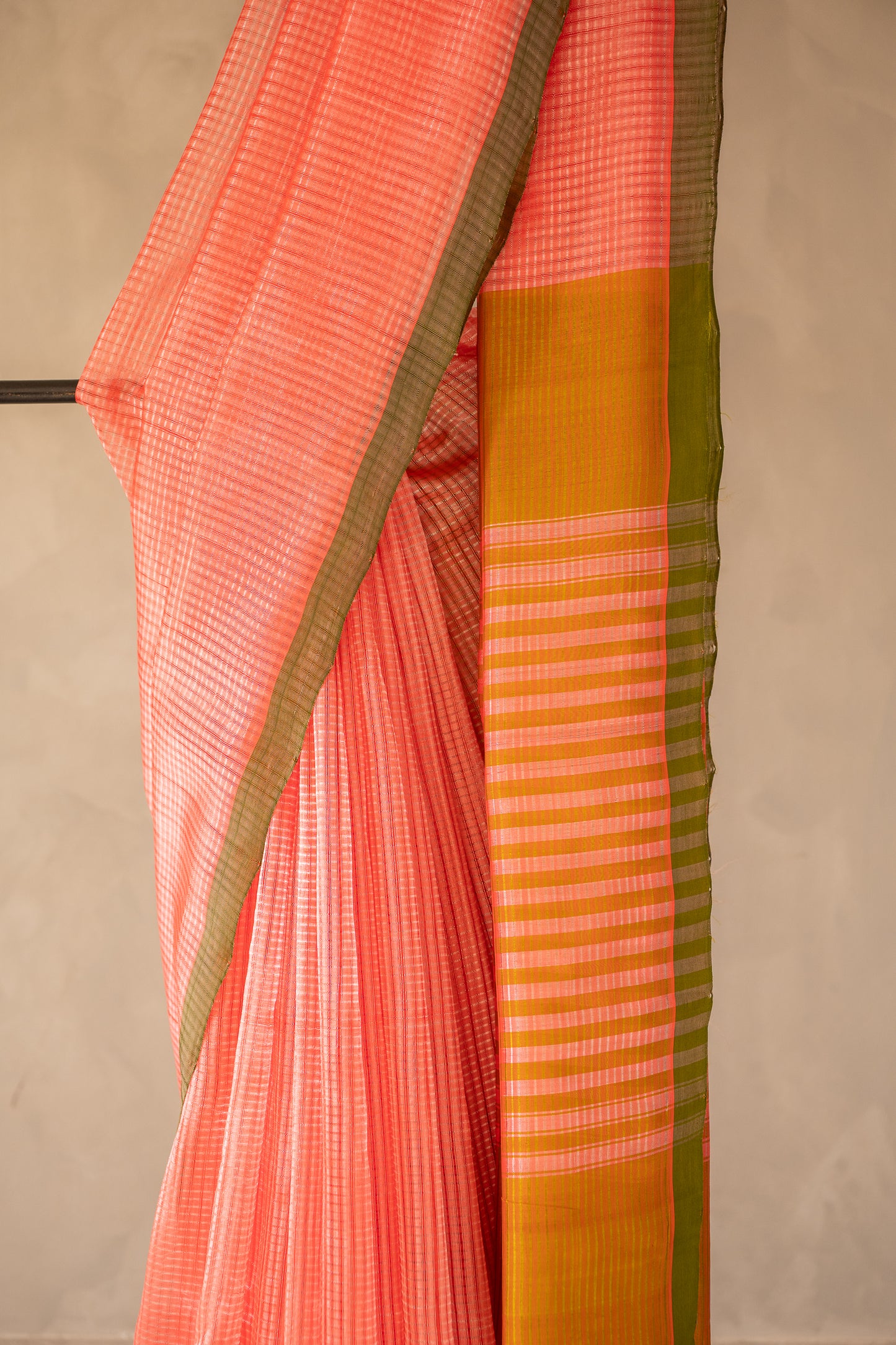 Peach Pink Micro Check Mangalagiri Cotton with Olive Green Border Saree