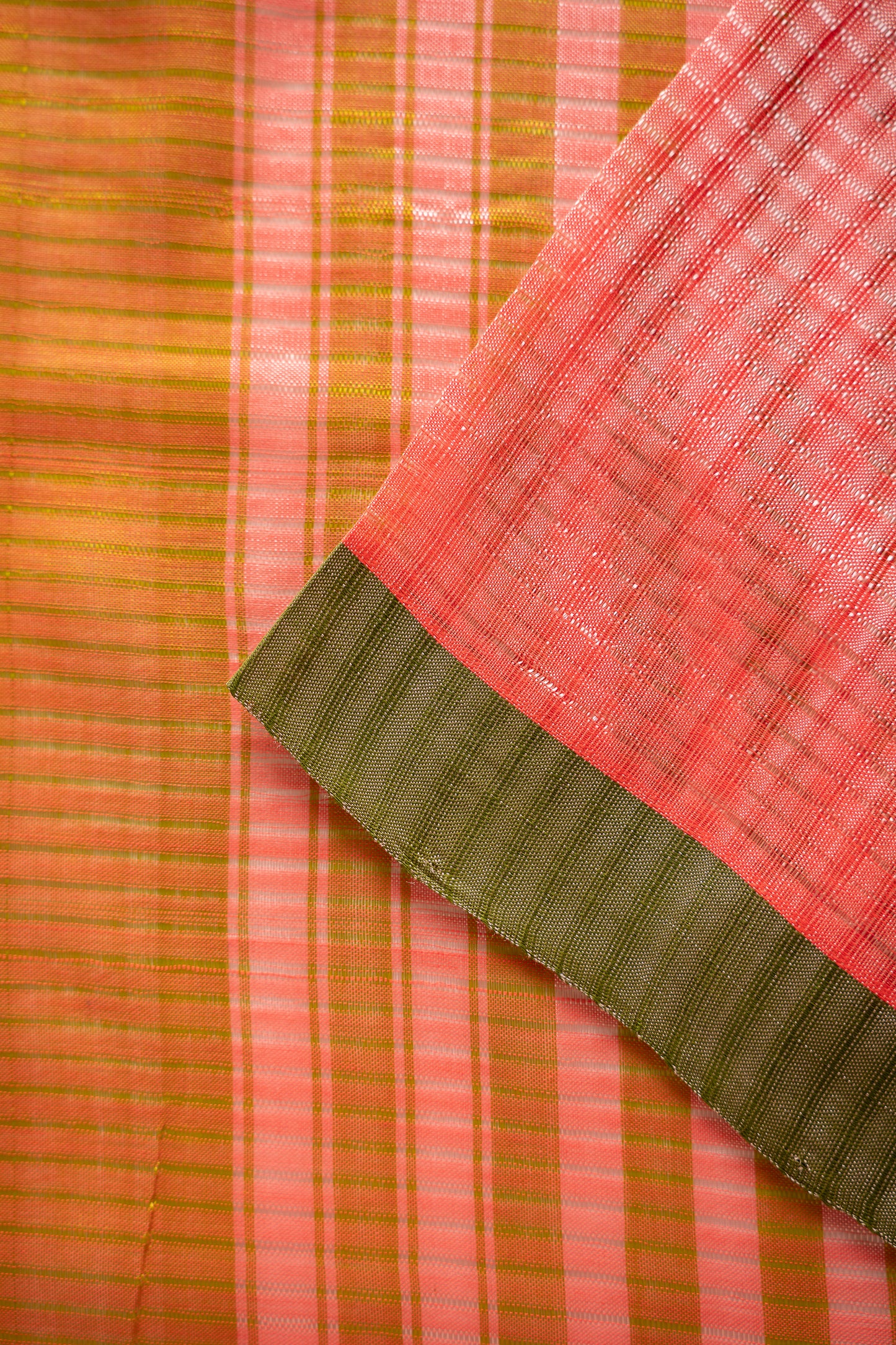 Peach Pink Micro Check Mangalagiri Cotton with Olive Green Border Saree