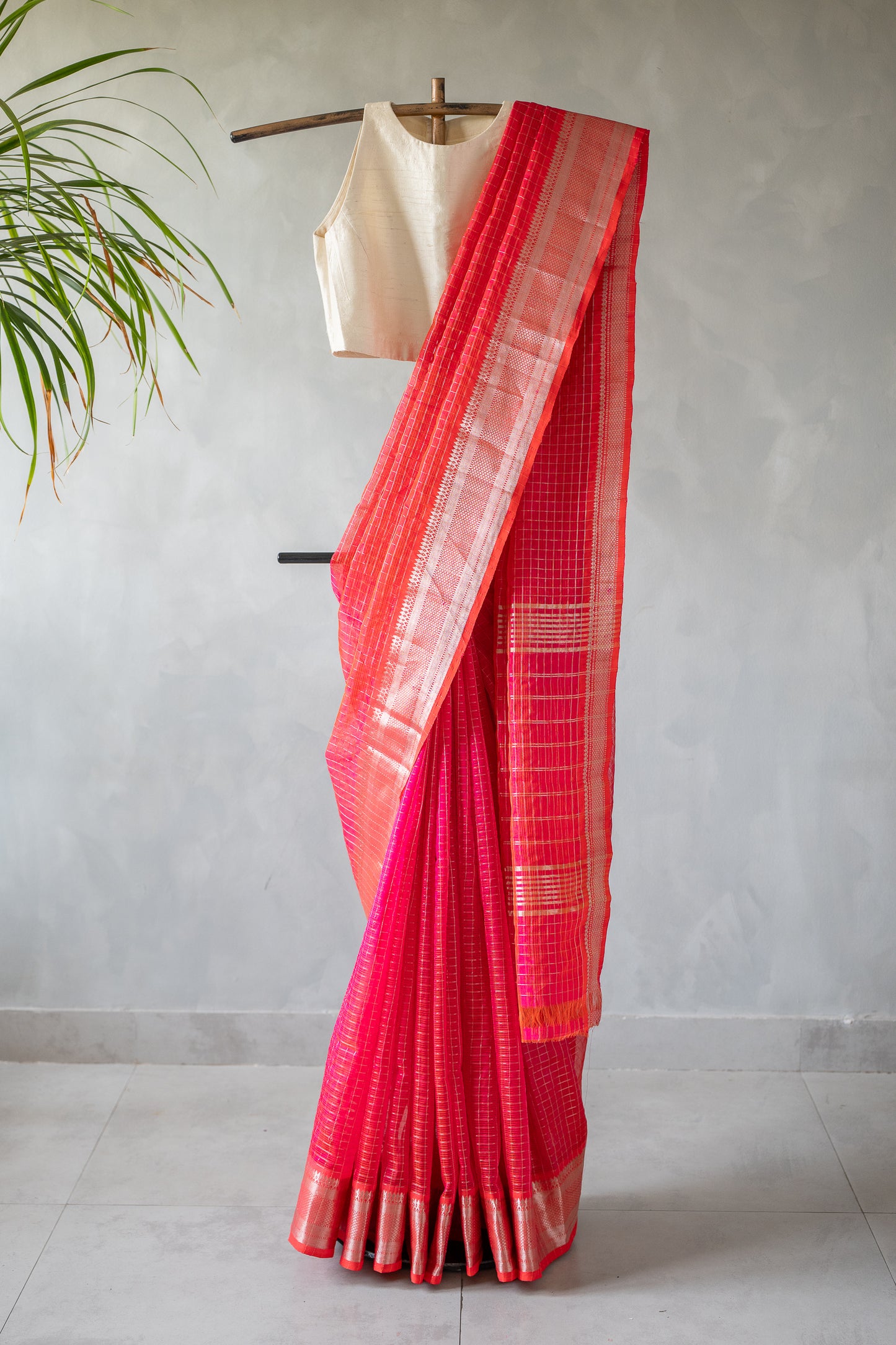 Hot Pink Stripe Mangalagiri Silk Cotton with Silver Zari Border Saree