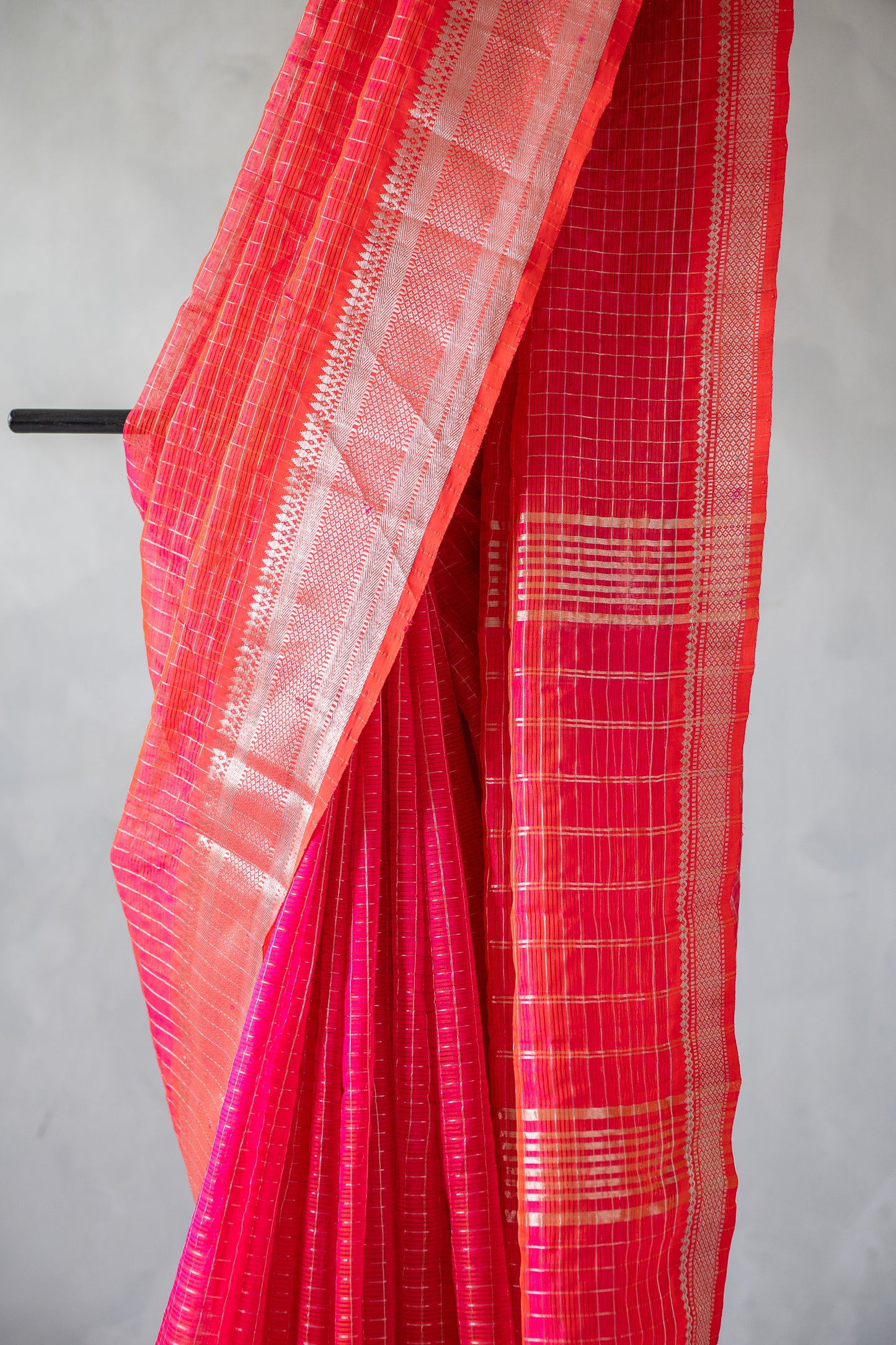 Hot Pink Stripe Mangalagiri Silk Cotton with Silver Zari Border Saree