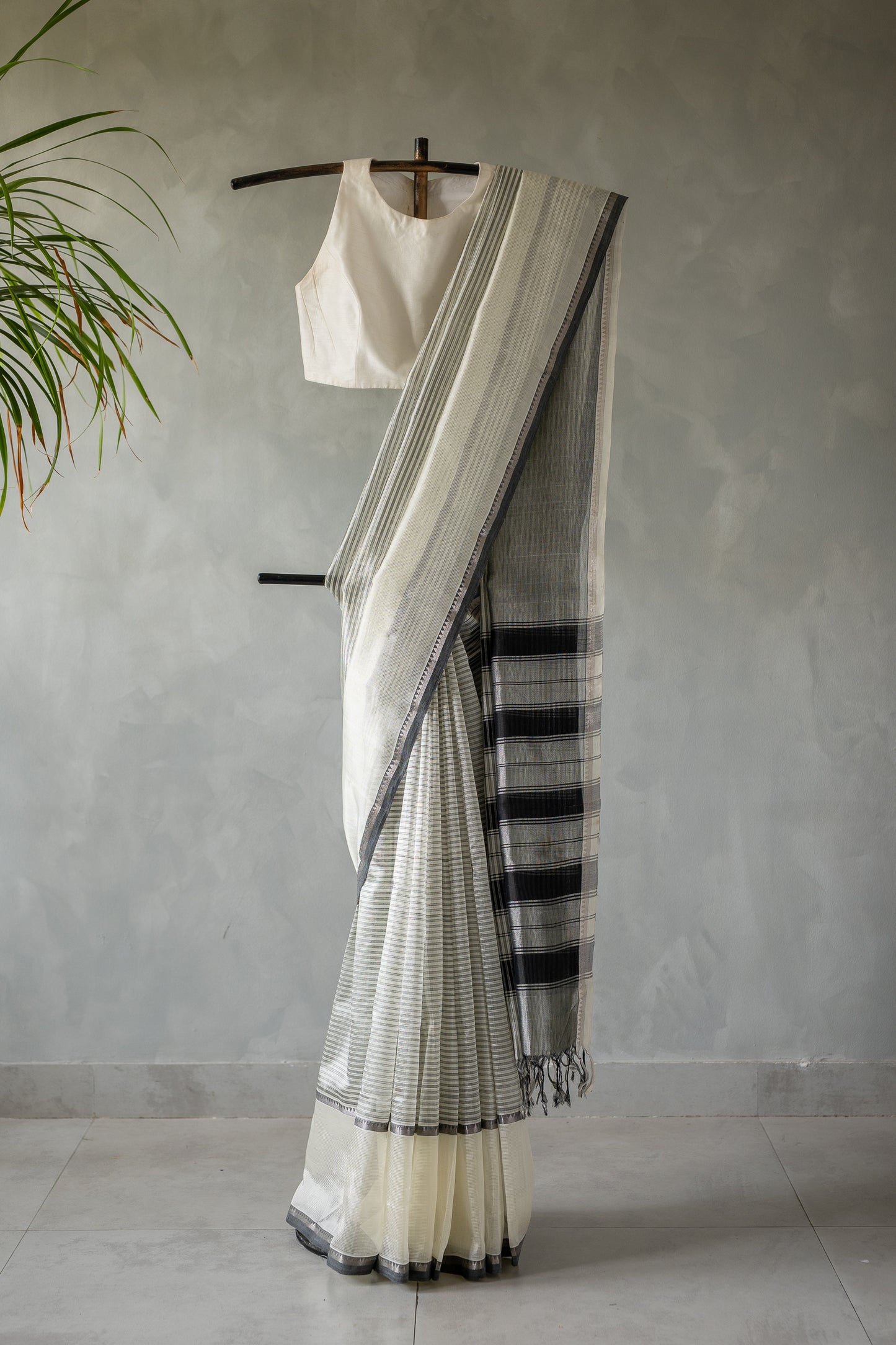 Off White Stripe Mangalagiri Silk Cotton with Black Border Saree