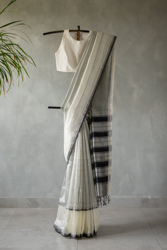 Off White Stripe Mangalagiri Silk Cotton with Black Border Saree