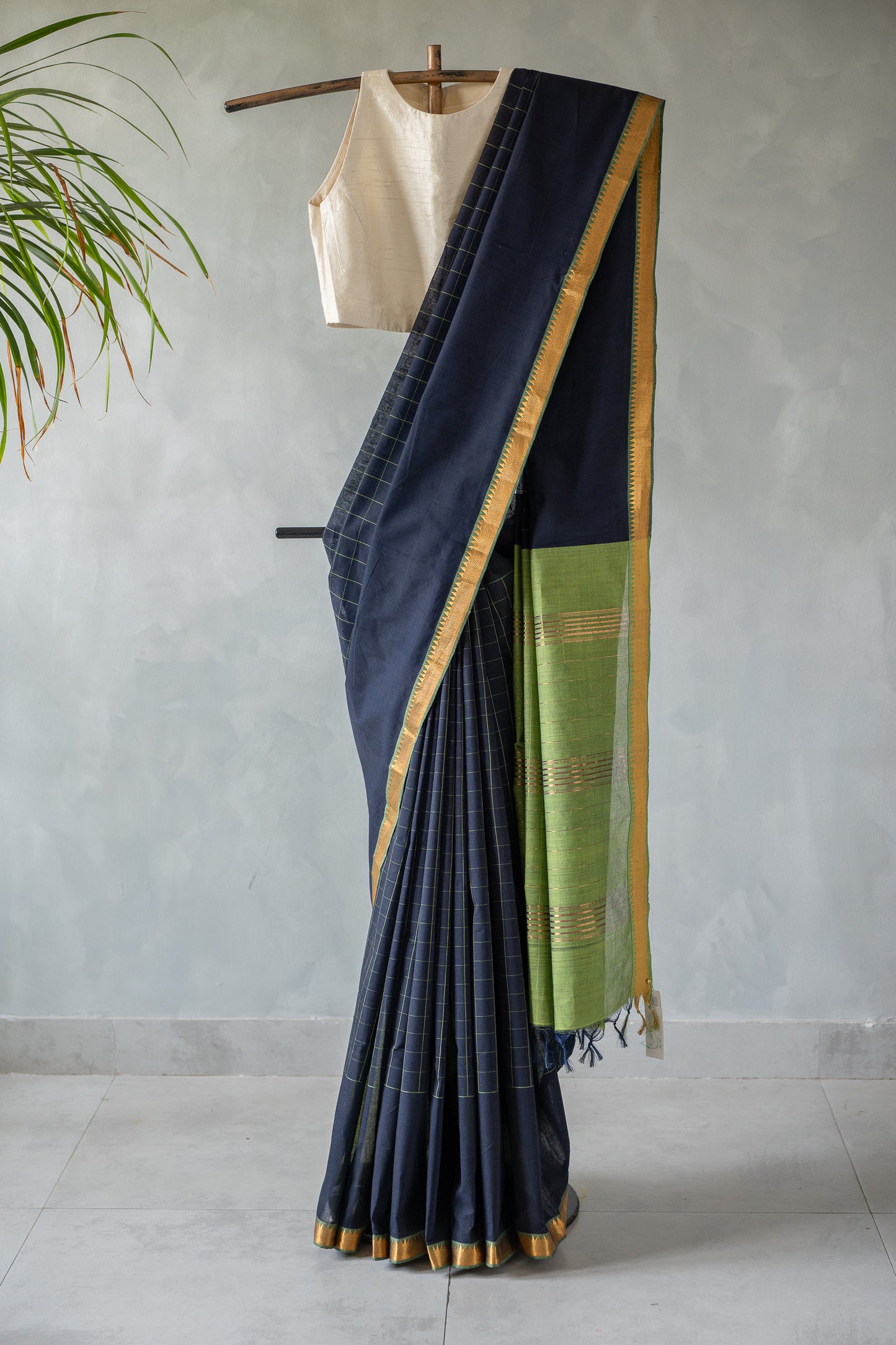 Navy Blue Check Mangalagiri Cotton with Zari Border Saree