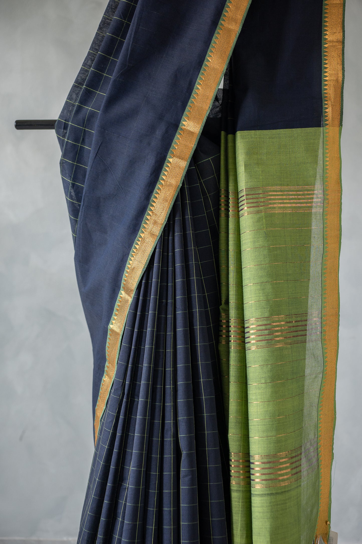 Navy Blue Check Mangalagiri Cotton with Zari Border Saree