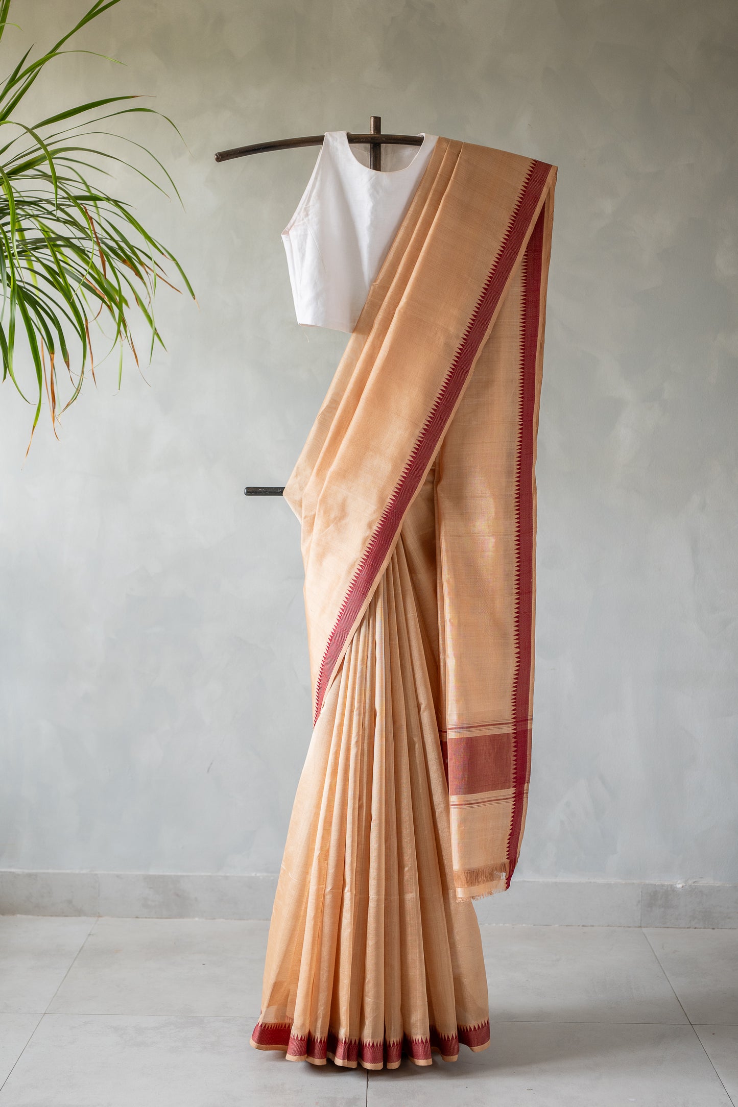 Beige Plain Mangalagiri Silk Cotton with Temple Border Saree