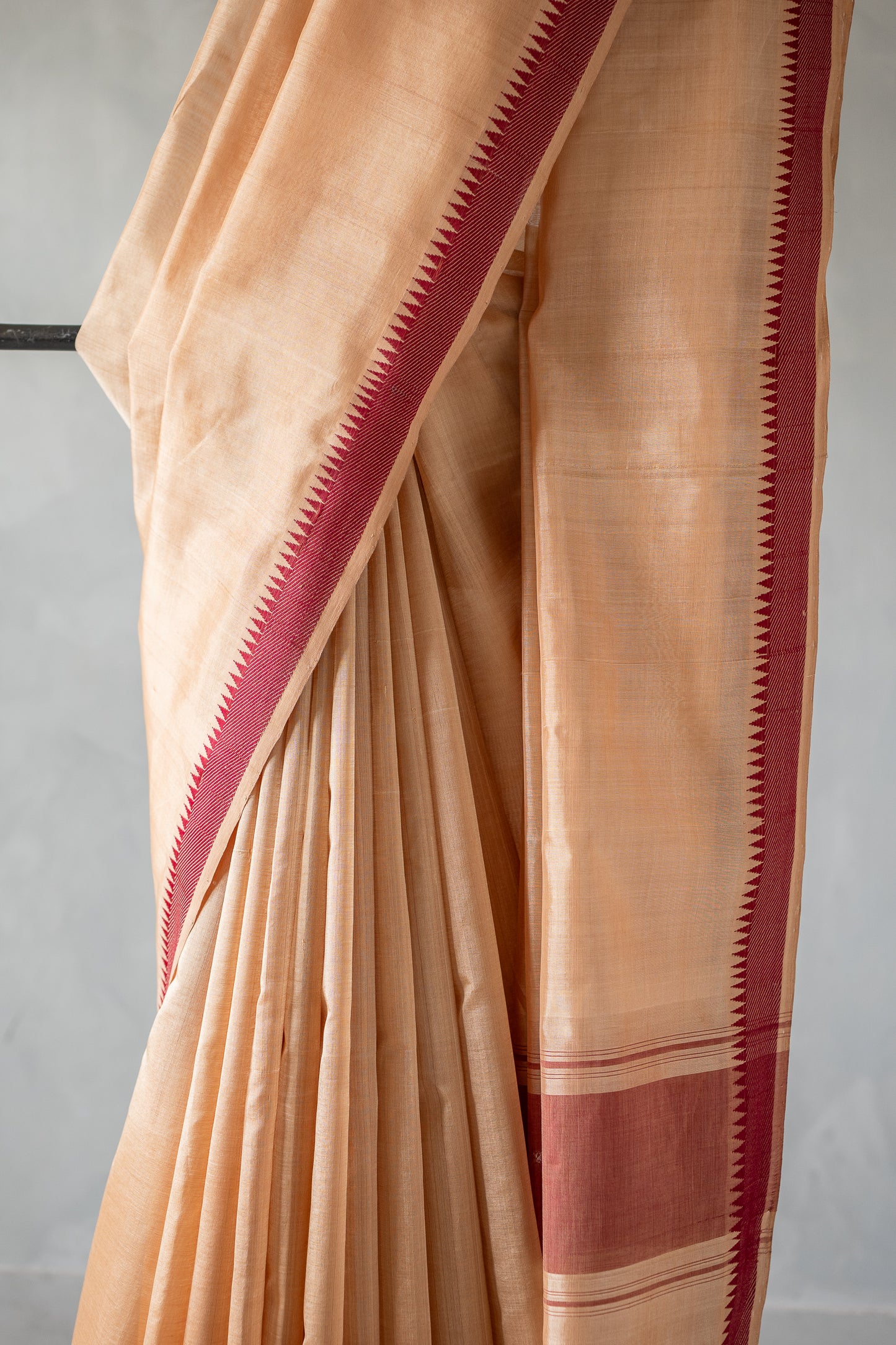 Beige Plain Mangalagiri Silk Cotton with Temple Border Saree