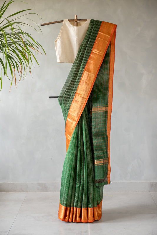 Green Check Mangalagiri Silk Cotton with Orange Zari Border Saree