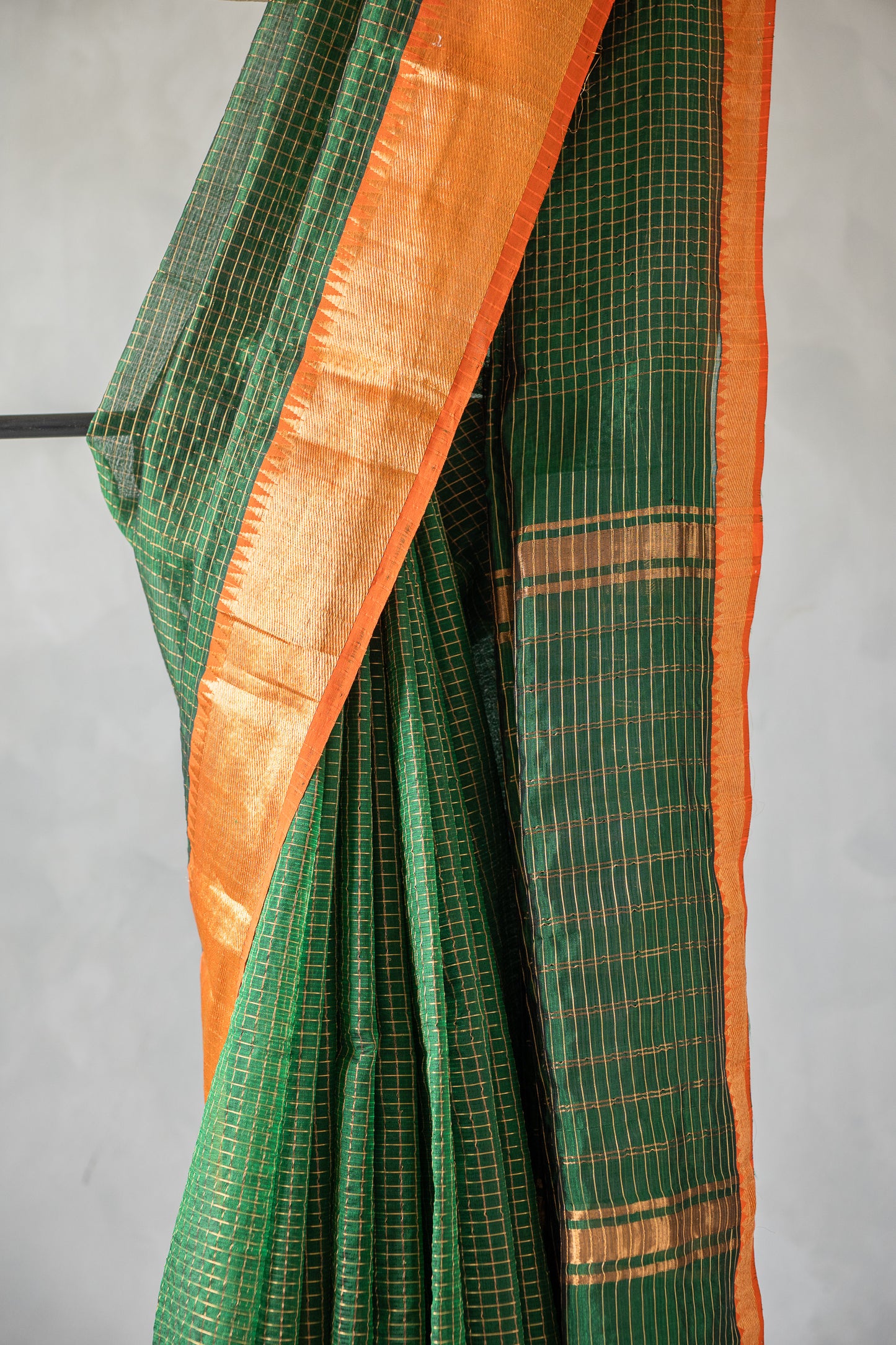 Green Check Mangalagiri Silk Cotton with Orange Zari Border Saree