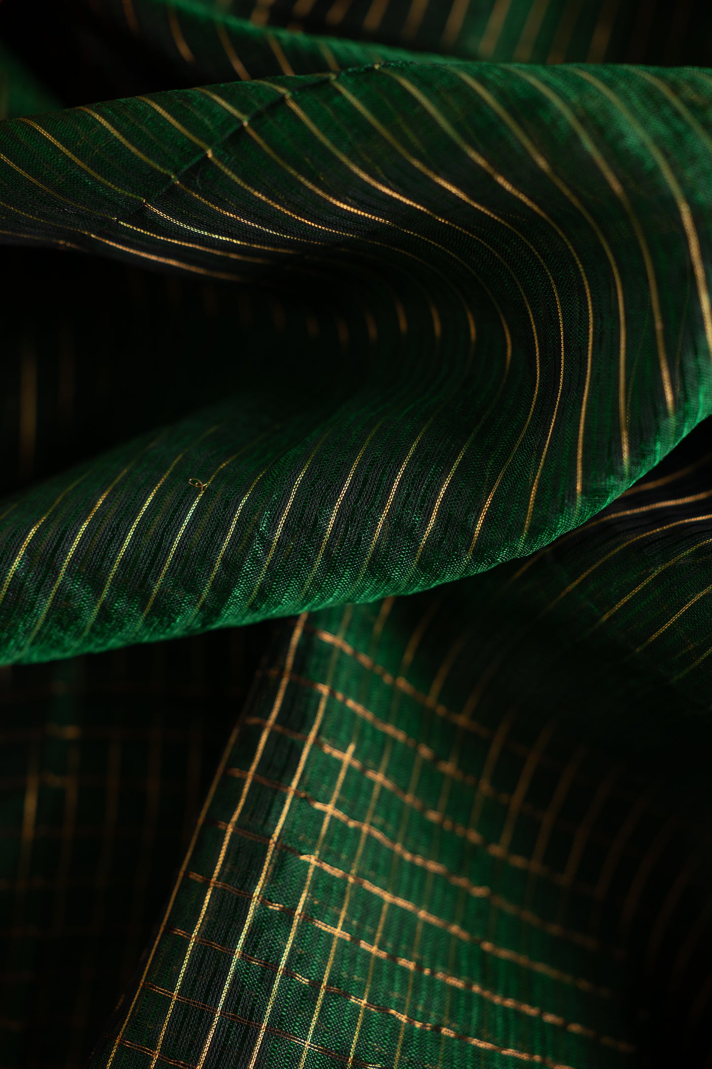 Green Check Mangalagiri Silk Cotton with Orange Zari Border Saree