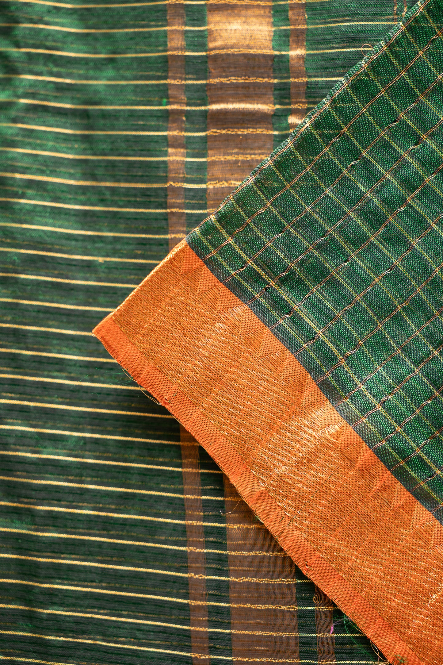 Green Check Mangalagiri Silk Cotton with Orange Zari Border Saree