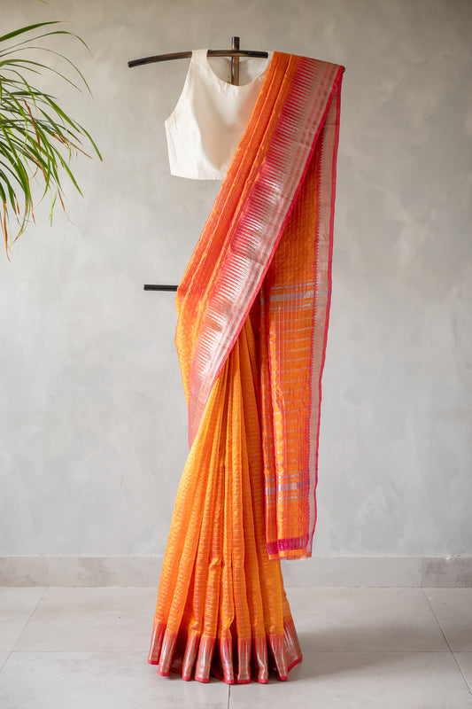 Orange Micro Check Mangalagiri Silk Cotton with Silver Zari Border Saree
